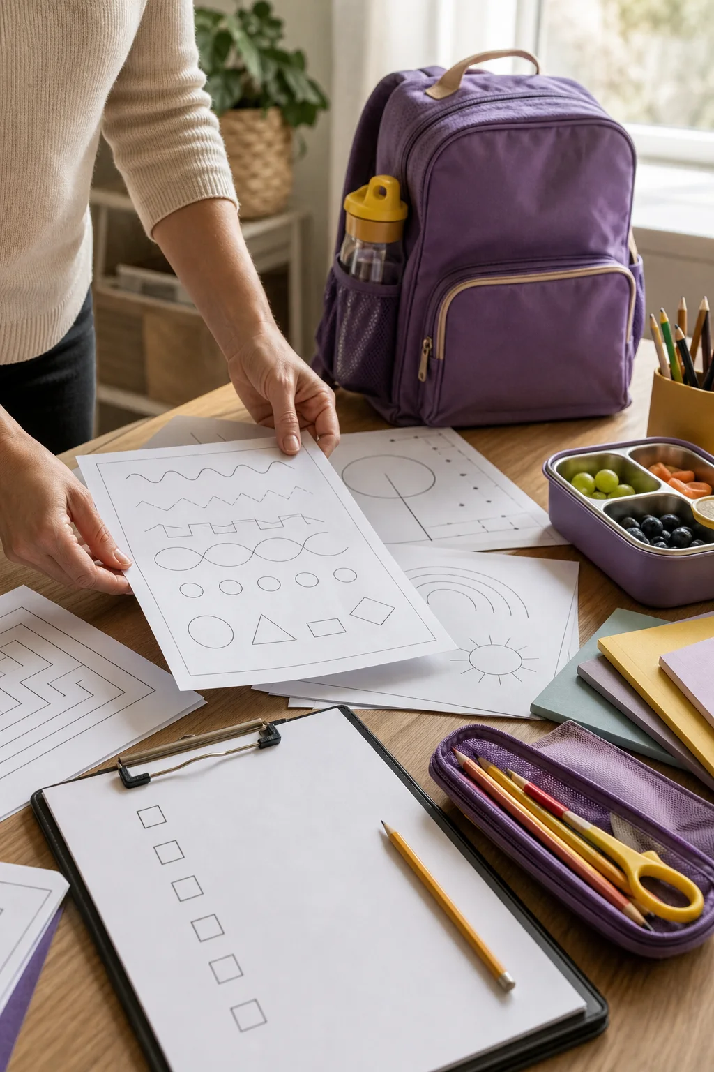 A parent preparing school-day activities beside a purple backpack, pencils, and a packed lunch.