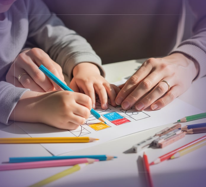 Parent and child enjoying a screen-free learning activity together with a Whizki printable worksheet