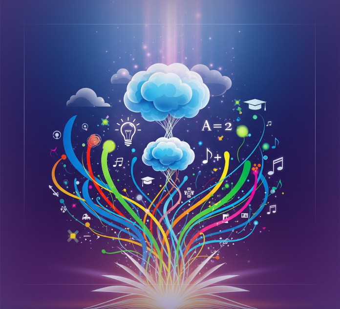 An artistic illustration of a brain with colorful pathways growing from a book, symbolizing a child's early educational development and growth.