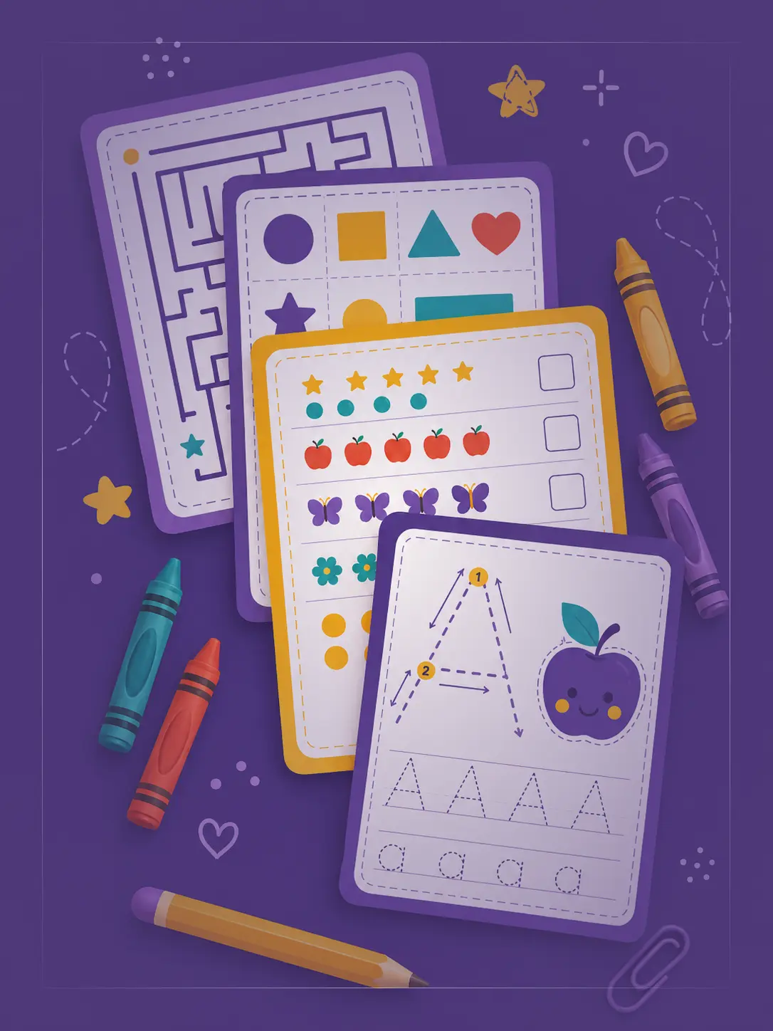 A stack of Whizki printable worksheet sets for kids, with tracing, counting, shape and maze pages alongside crayons and a pencil