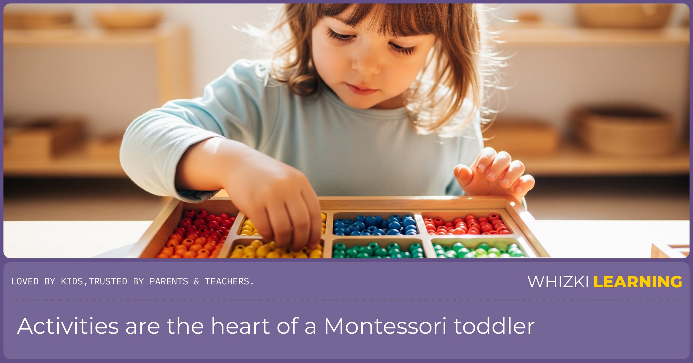 Child's hands sorting colorful beads into a wooden tray, a classic Montessori practical life activity.