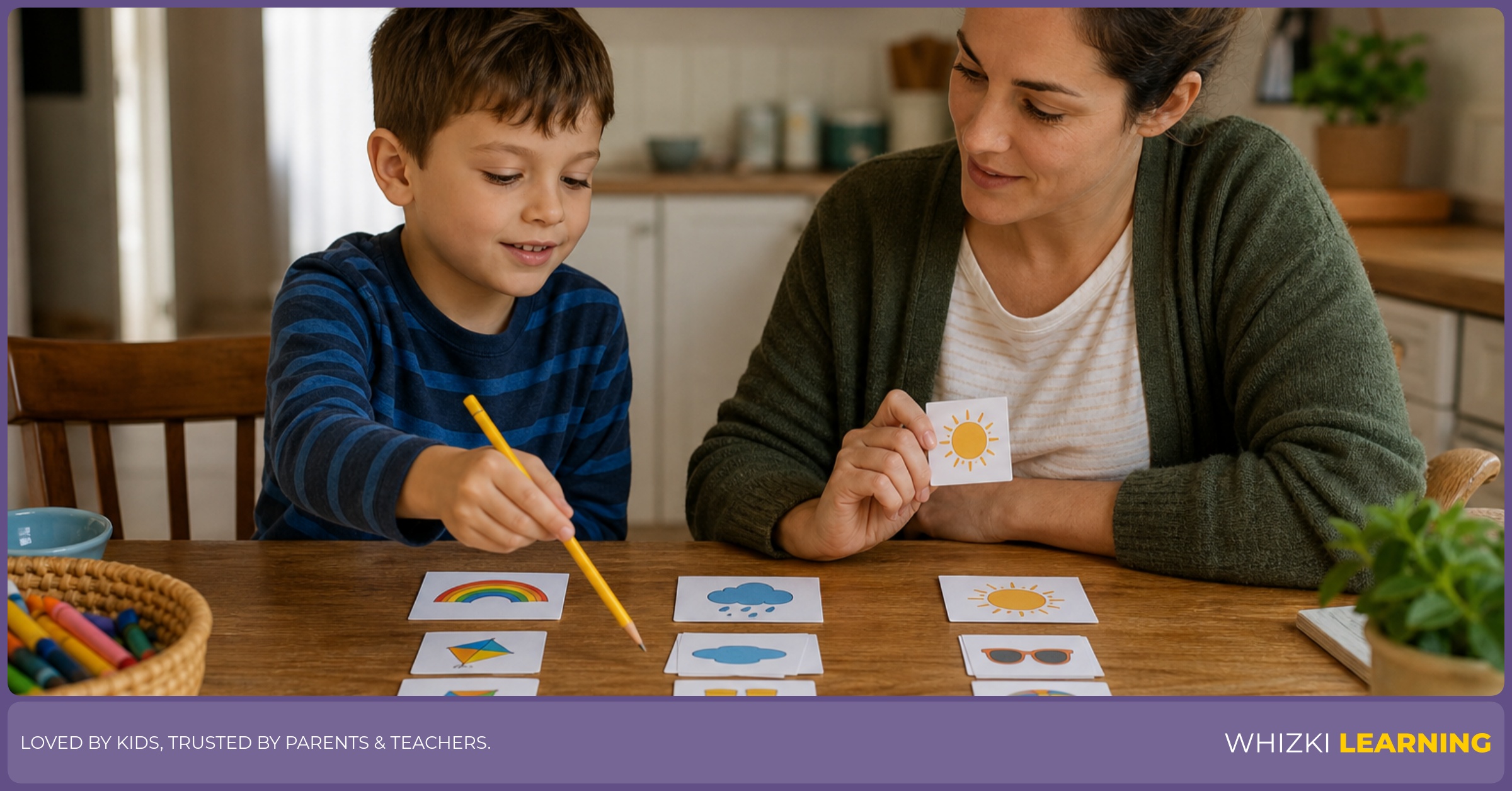 A parent and child sit at a kitchen table sorting C adjective cards into three piles while pointing to a letter C worksheet.