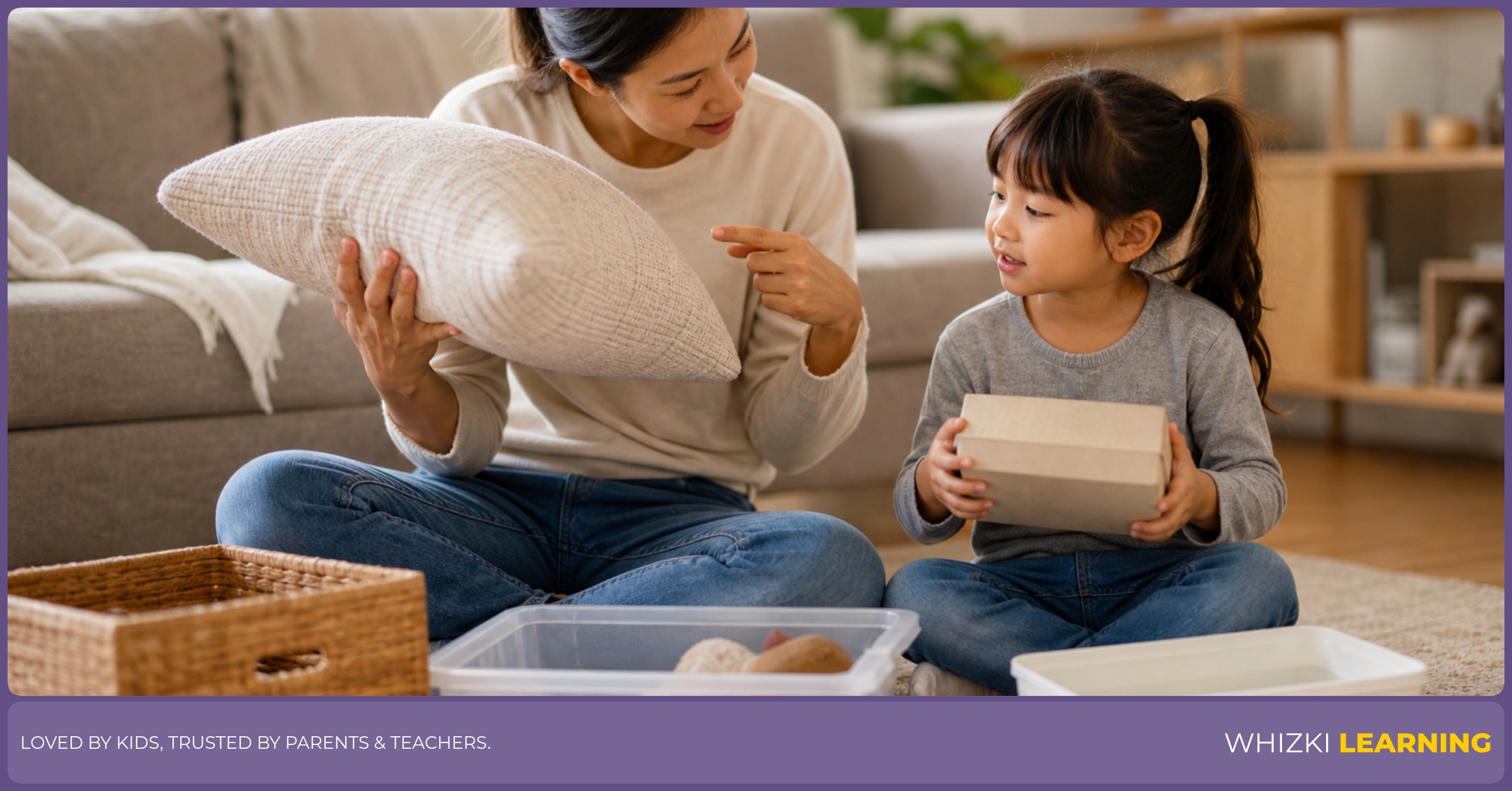 A parent and child compare household items and describe them with H look and size adjectives at home