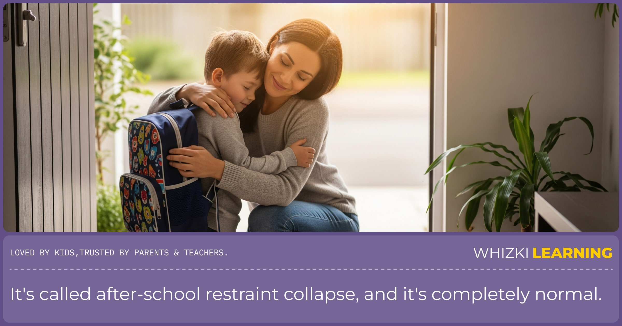 A mother kneels down to give her young son, who is wearing a backpack, a warm and welcoming hug at their front door.