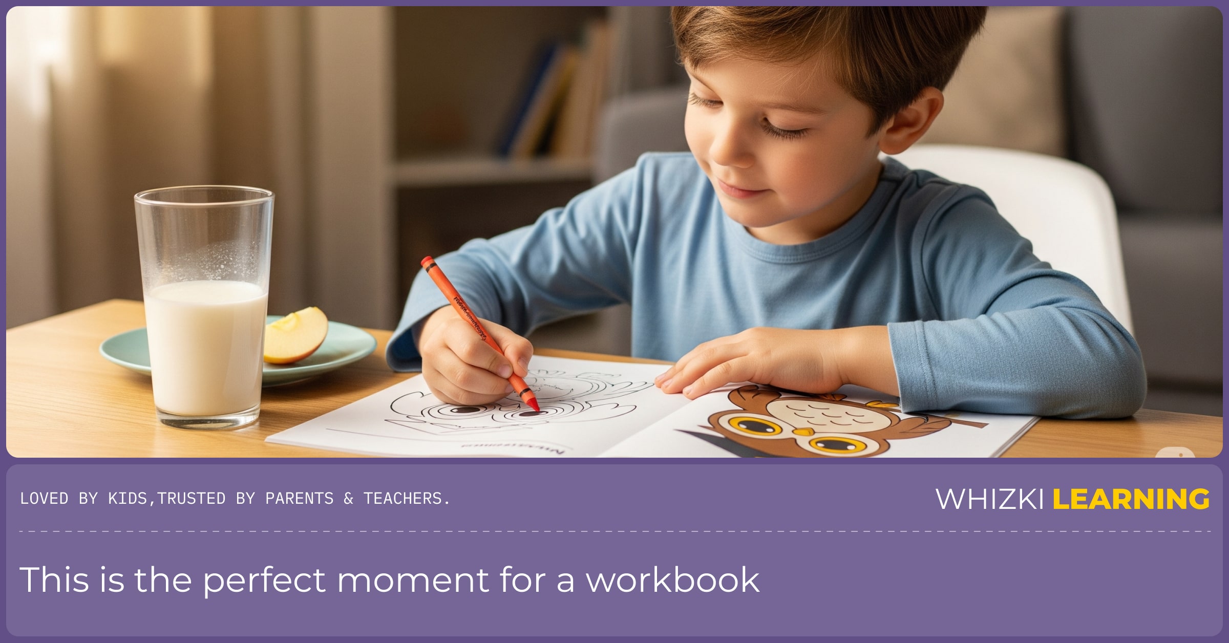 A calm young boy sits at a wooden table in a warmly lit room, smiling as he colors in a workbook.