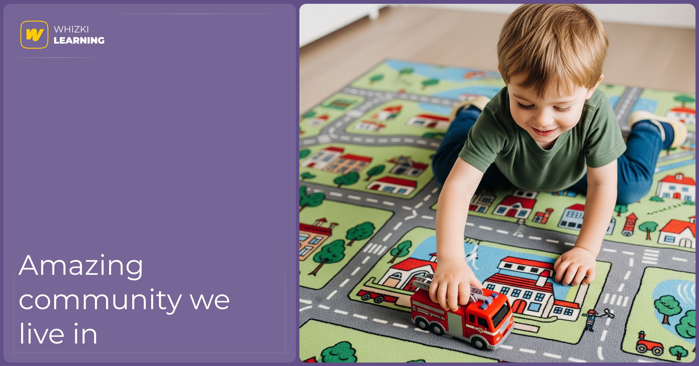 A child happily playing with a toy fire truck on a colorful rug that depicts a small town.