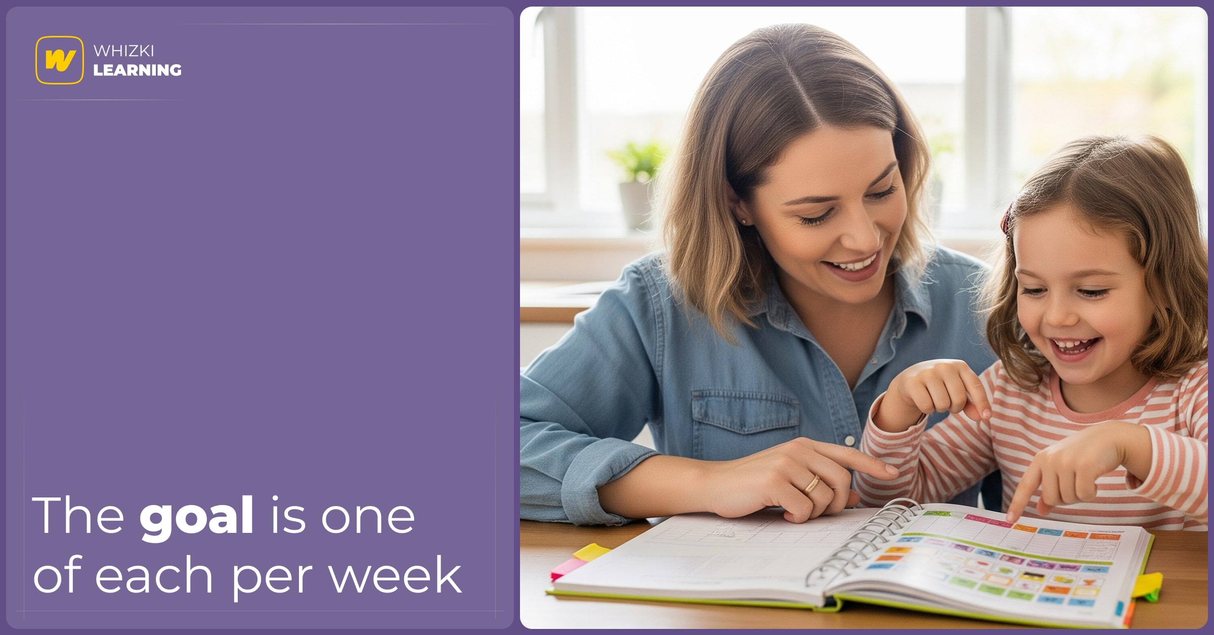 A mother and her young daughter sit at a table, happily pointing at an open workbook that looks like a weekly planner.