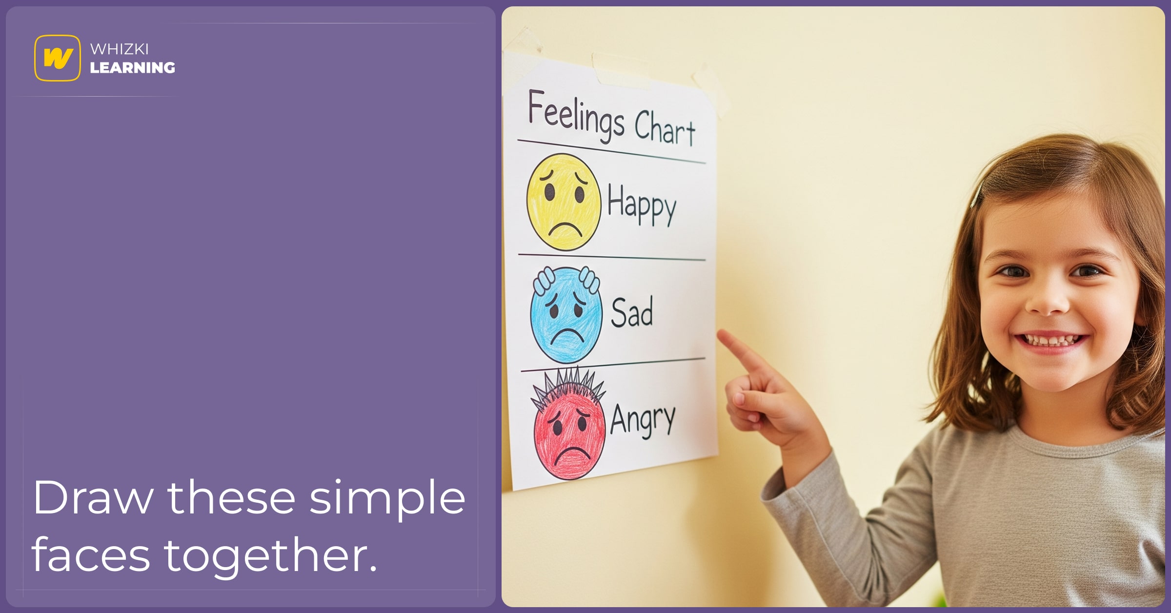 A young girl points proudly to a colorful, hand-drawn poster with different feeling faces on it.