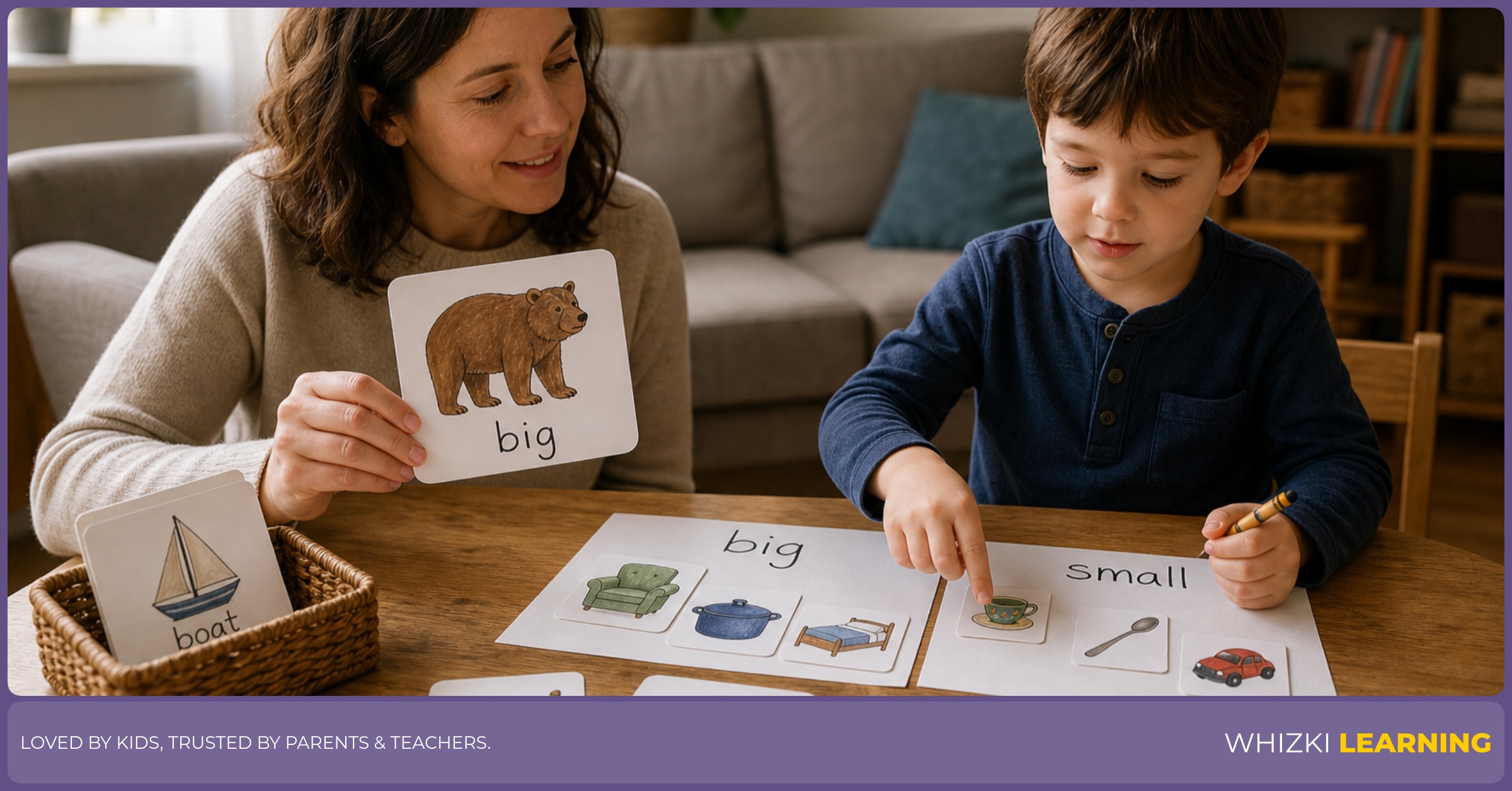 A calm home moment where a parent holds a picture card while a child sorts small and big items into two piles, pointing at the B adjectives with a gentle smile and warm indoor light.
