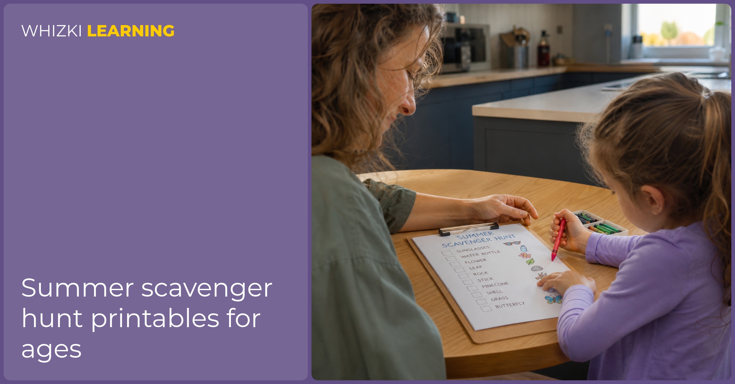 A parent and young child point to a printed summer scavenger hunt on a clipboard with crayons nearby.