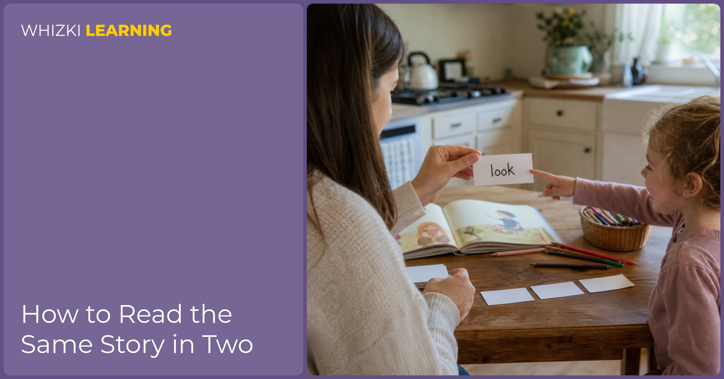 A parent and child use paper phrase cards beside a picture book at the kitchen table.