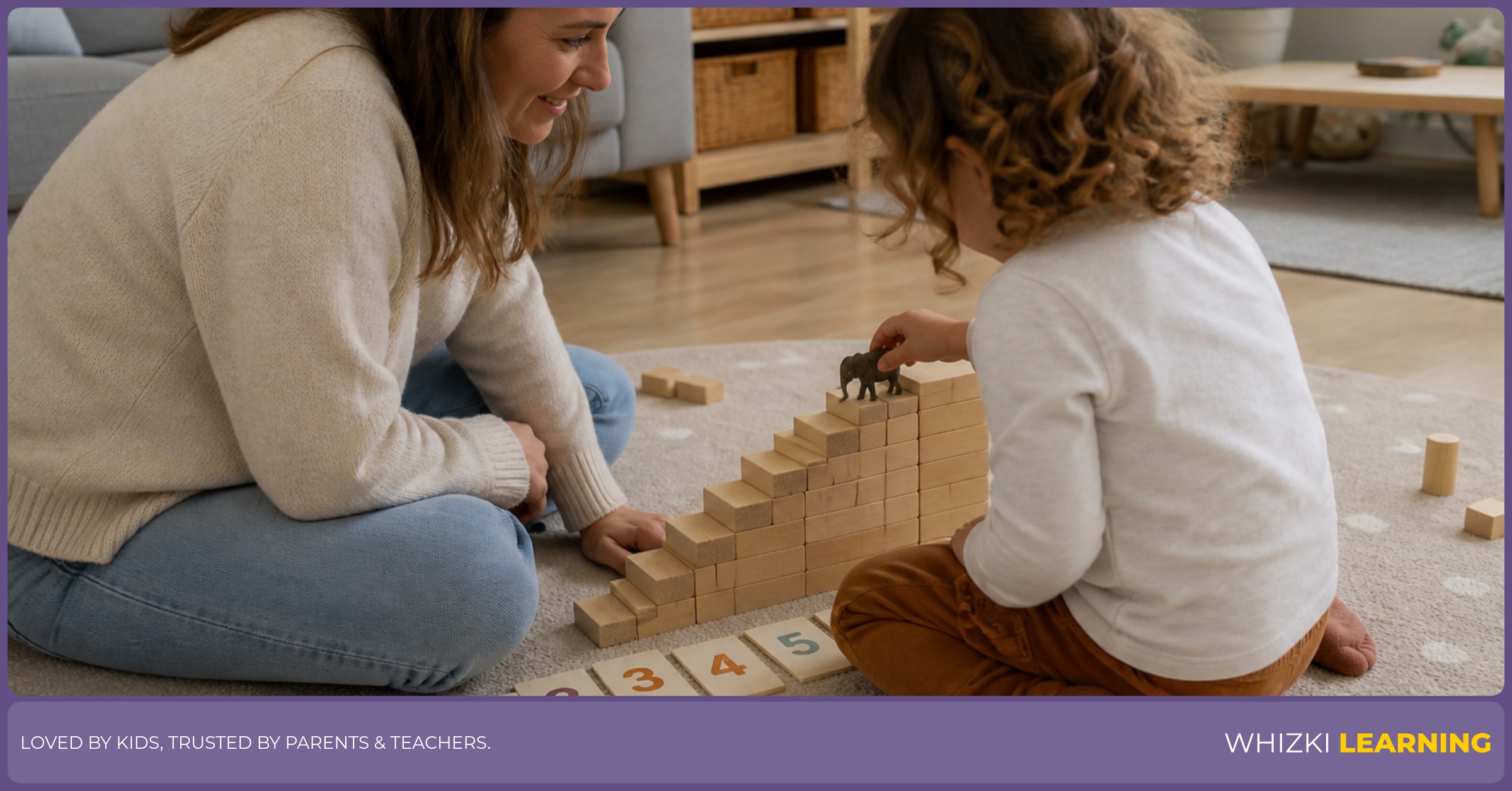 A caregiver and child count a toy moving up a small block staircase on the living-room floor.