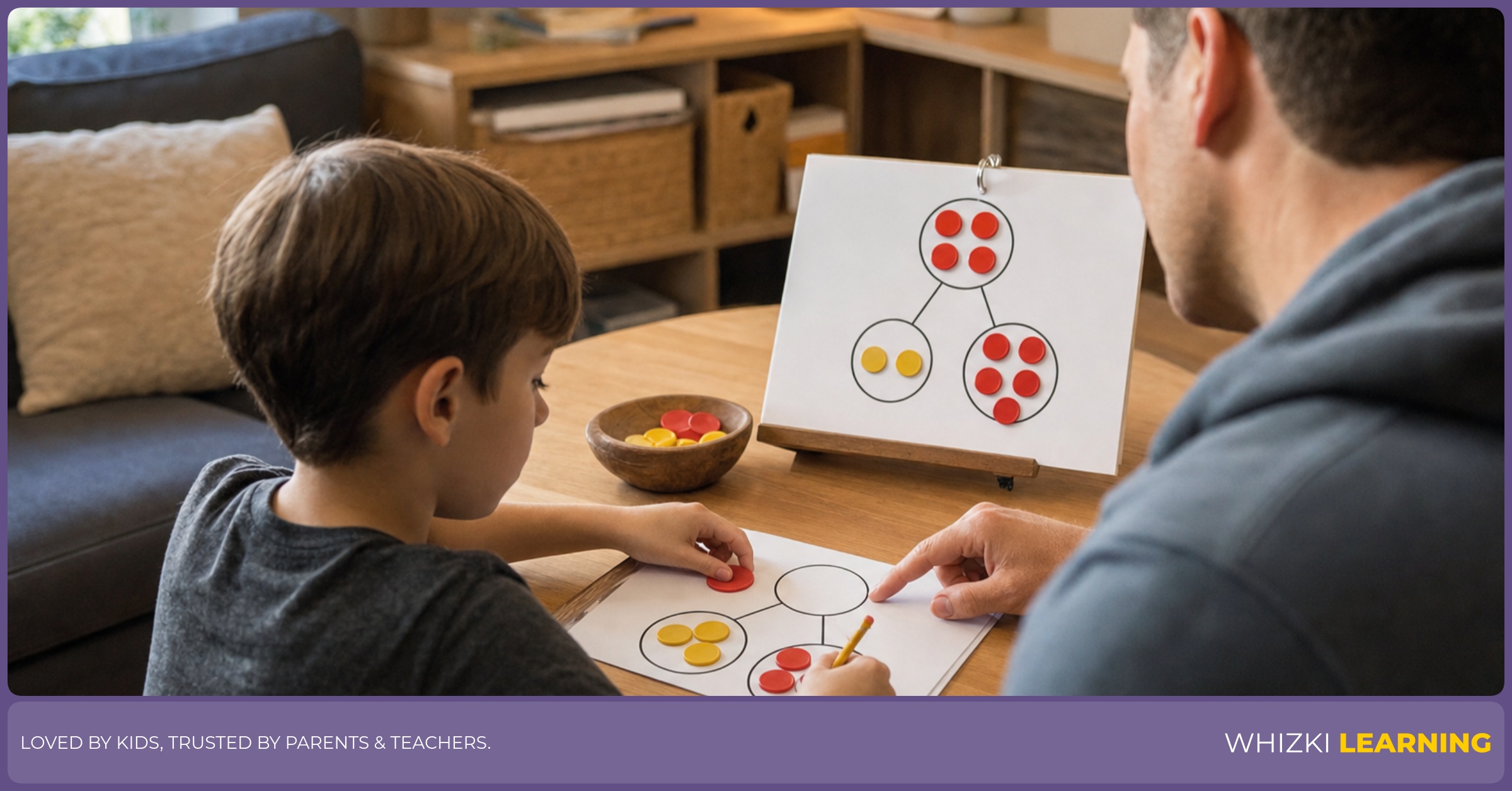 A child places counters beside a paper number bond triangle while an adult points to the whole number.