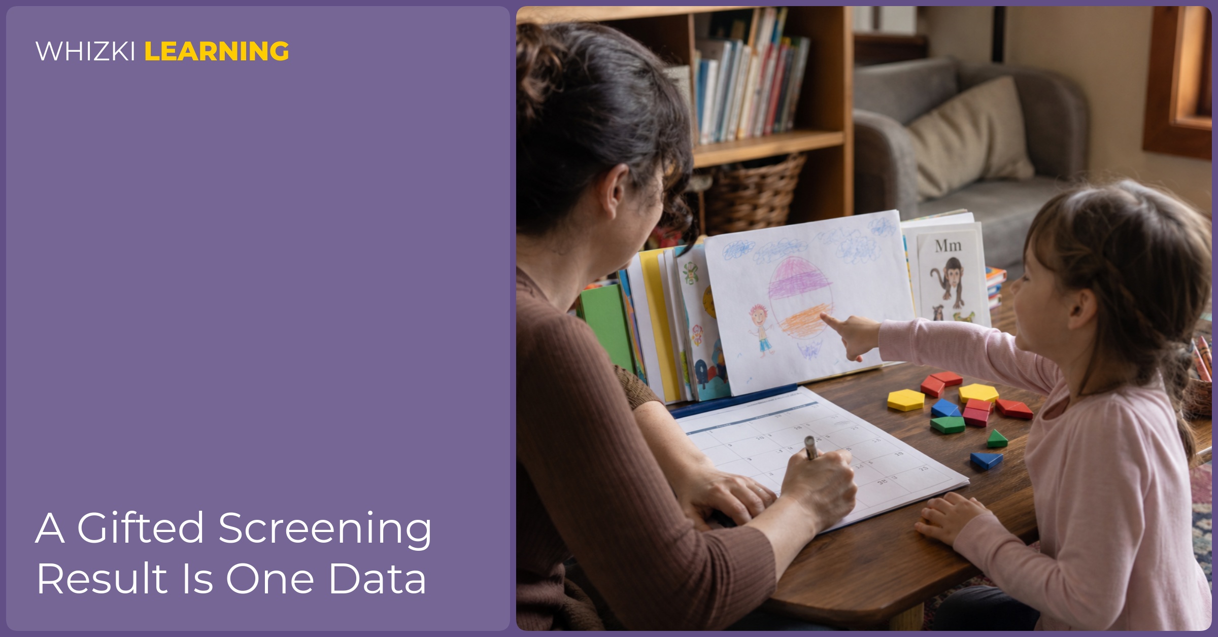 A caregiver and young child look at a paper calendar and child work samples on a living-room table.