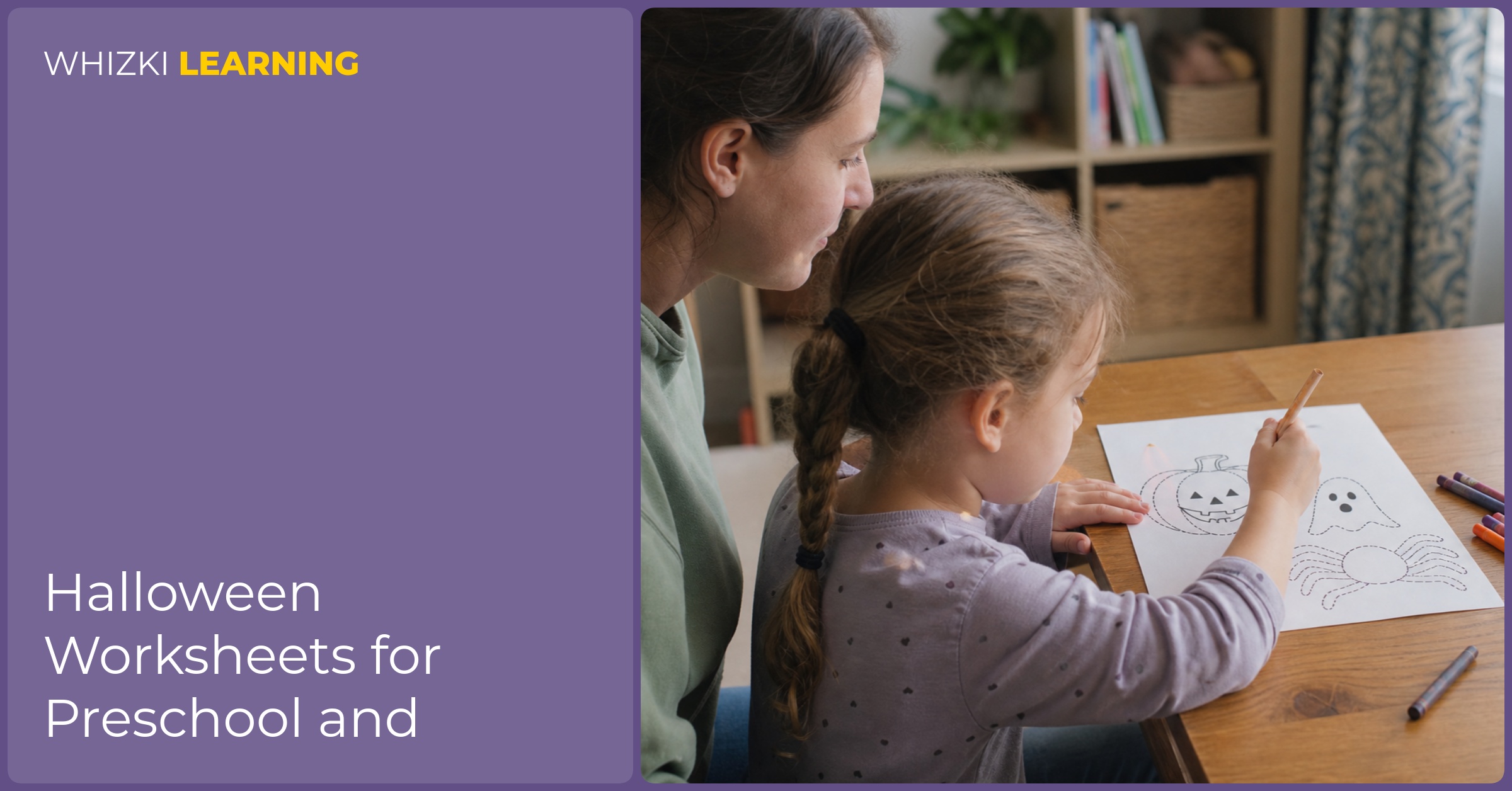 A parent sits beside a young child at a kitchen table while the child works on a gentle Halloween worksheet with crayons.