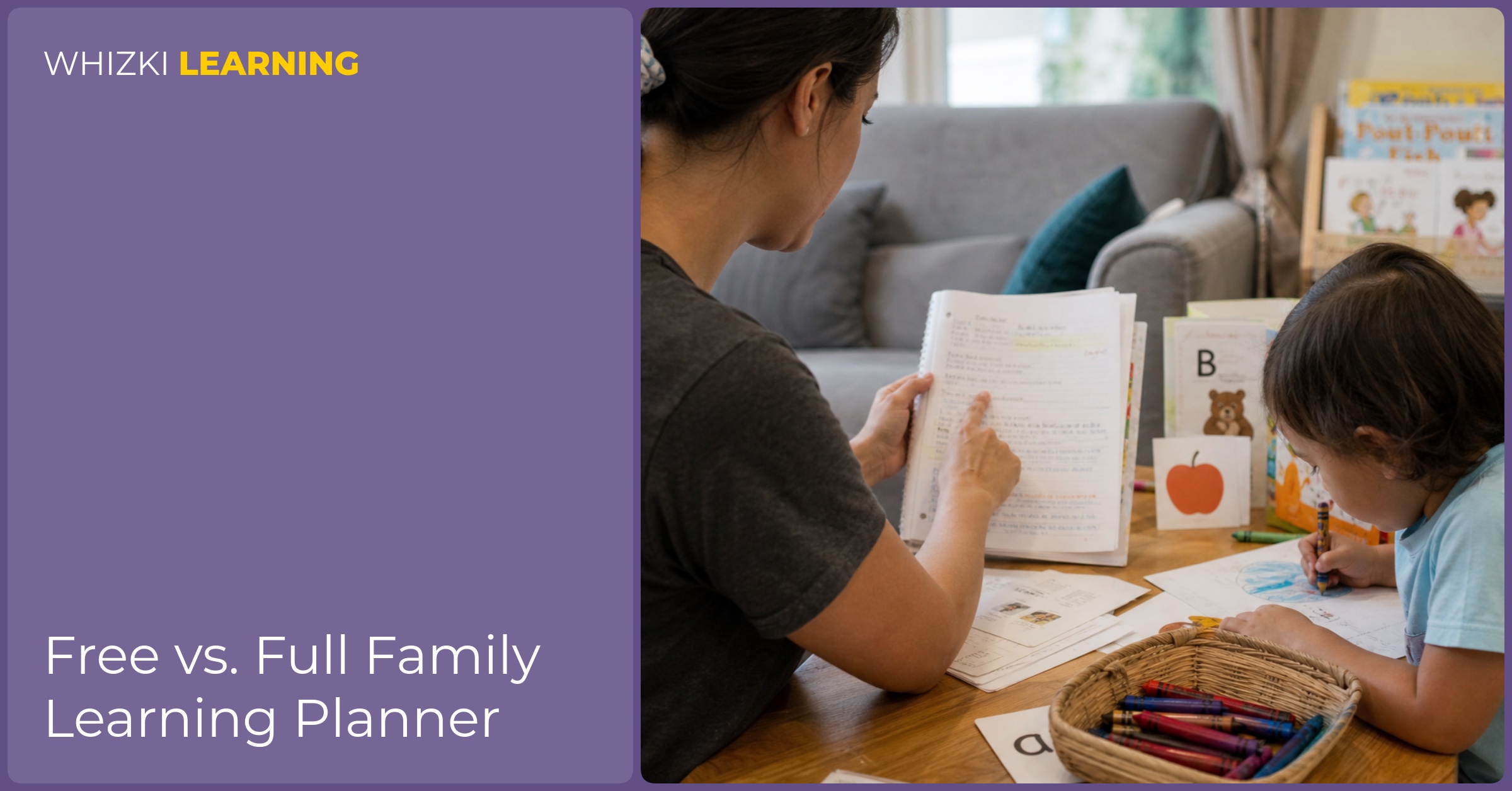 A caregiver reviews learning notes while a young child colors a page beside picture books in a calm living room.