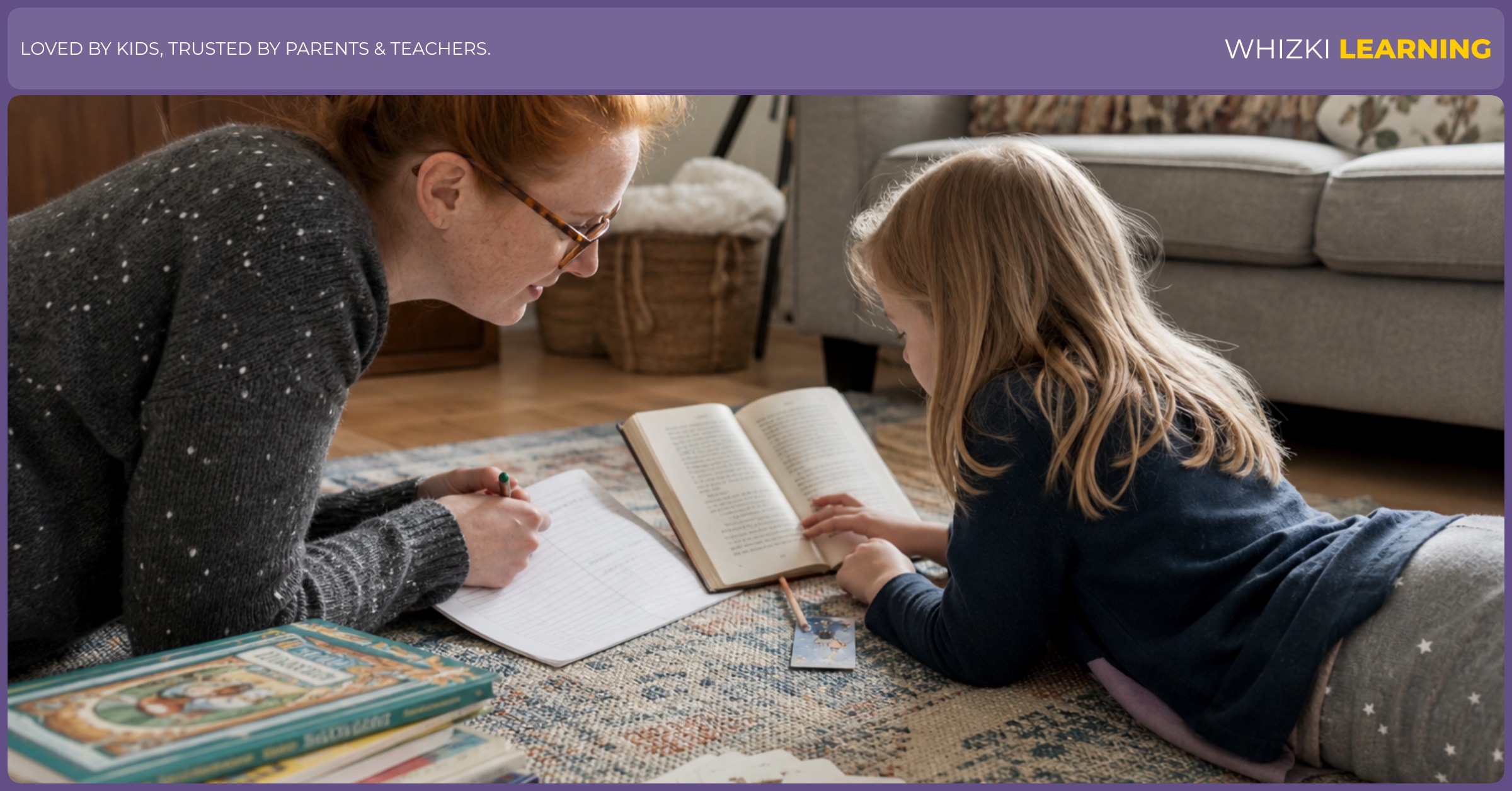 A caregiver reviews a family reading record while a child turns pages in a chapter book nearby.