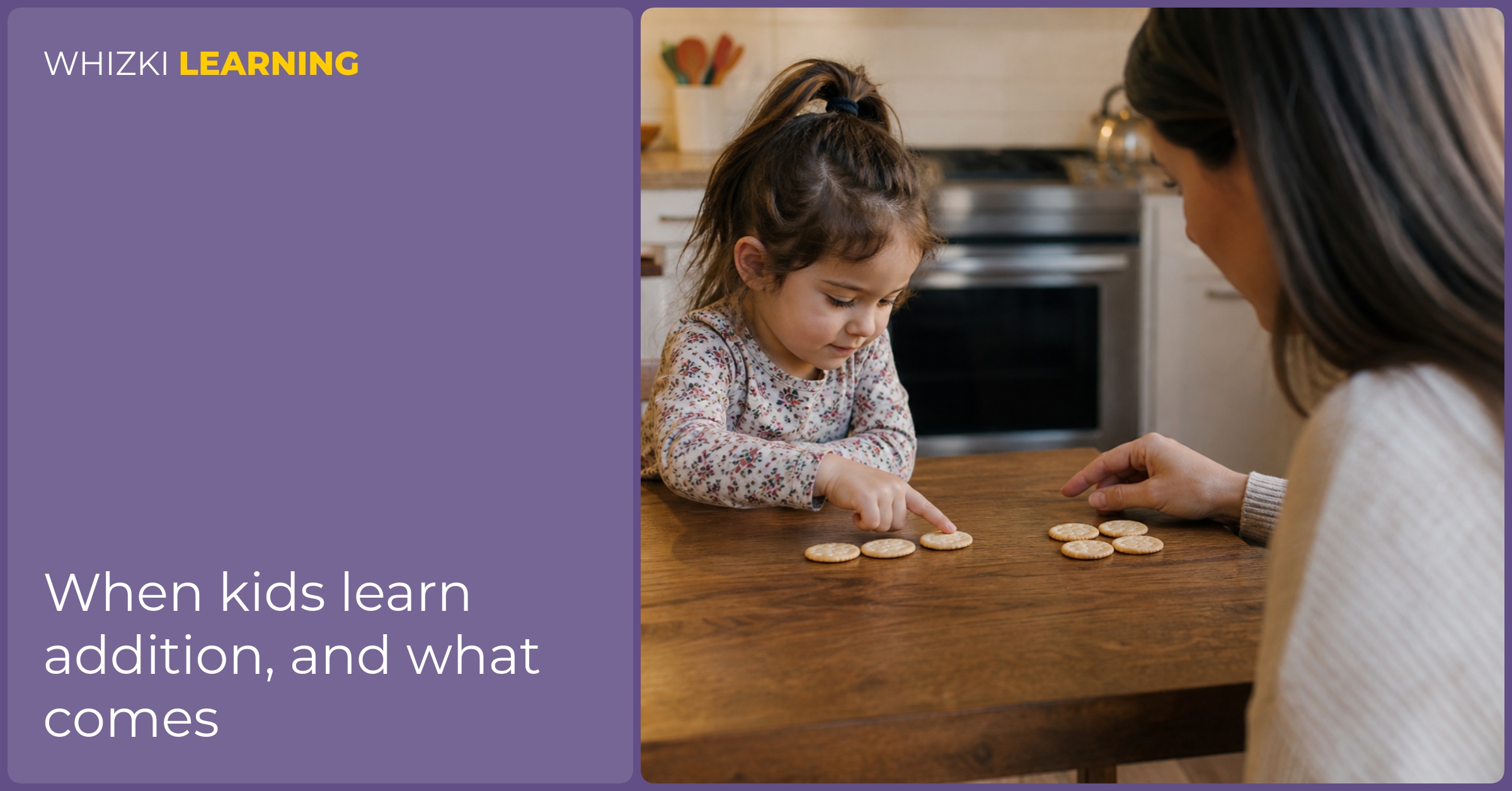 A parent and child count small crackers into two groups at a kitchen table.