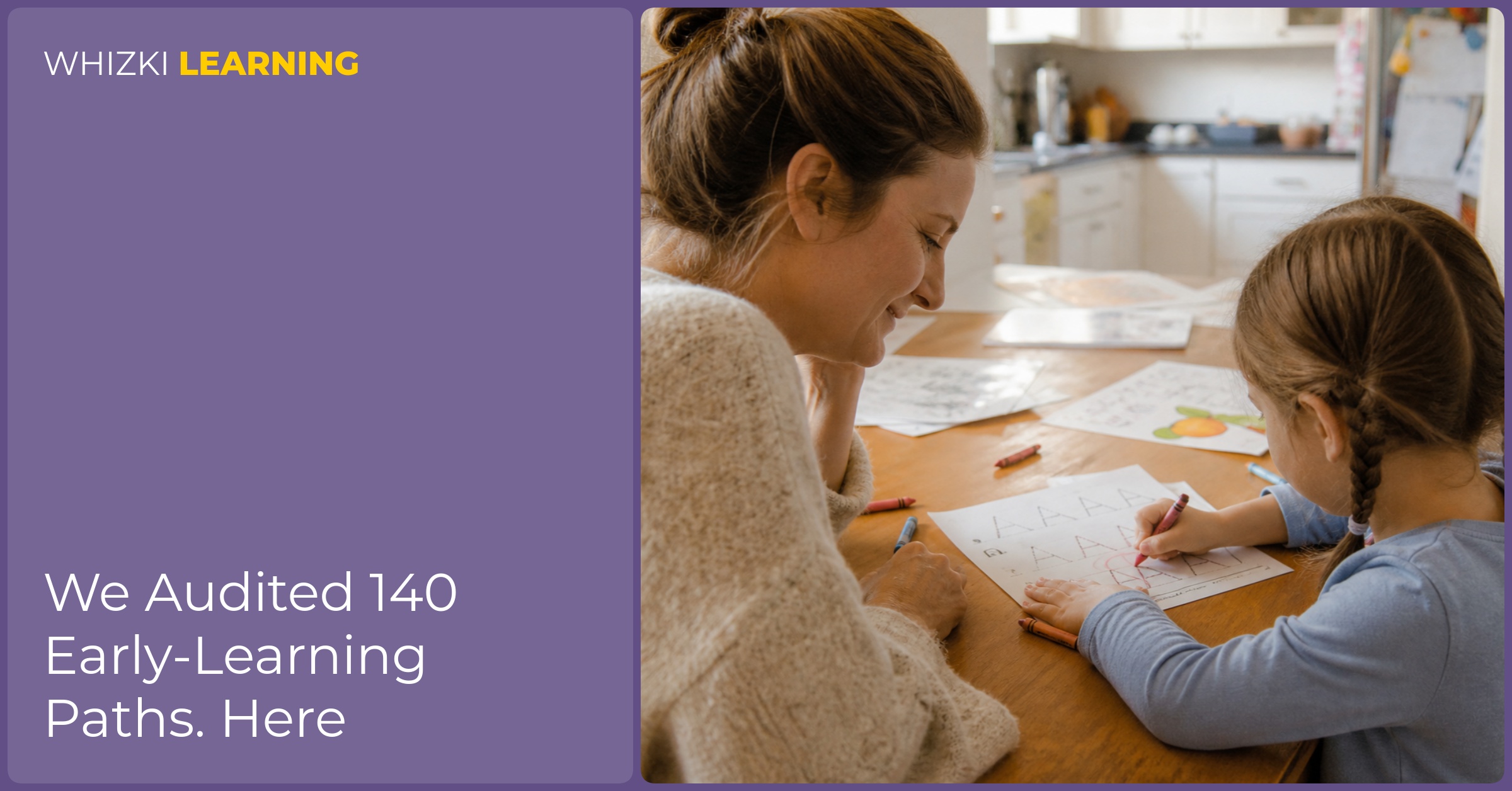 A caregiver watches a child use crayons on a printed practice page in warm kitchen light.