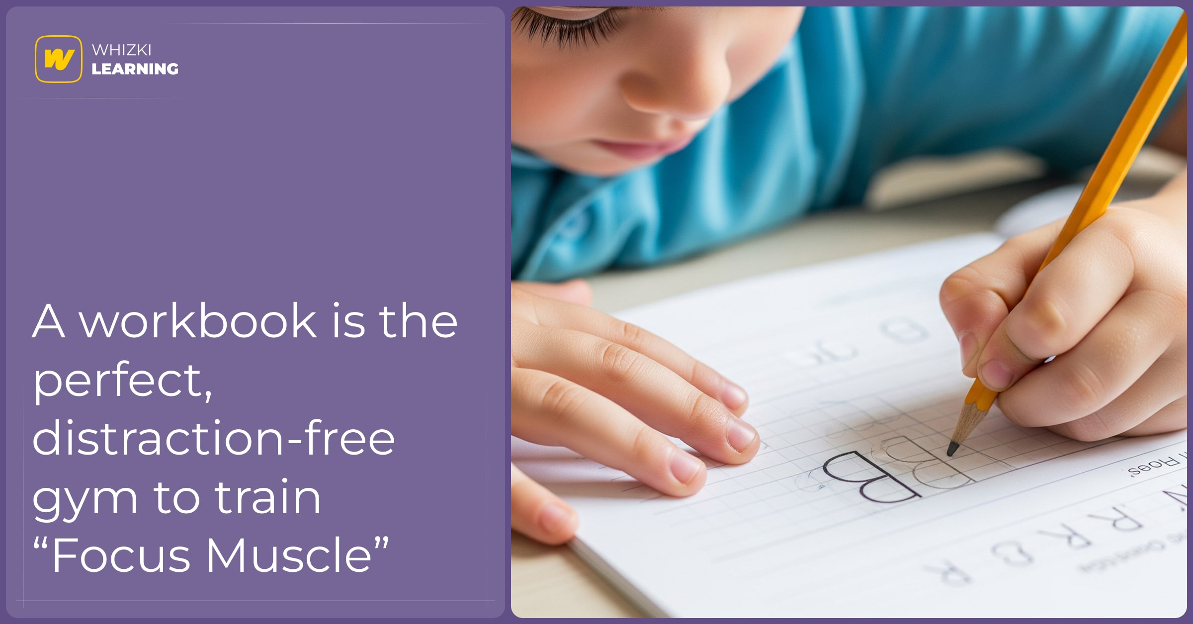 A close-up shot of a child's hand holding a pencil with a correct grip, carefully tracing letters in a workbook.