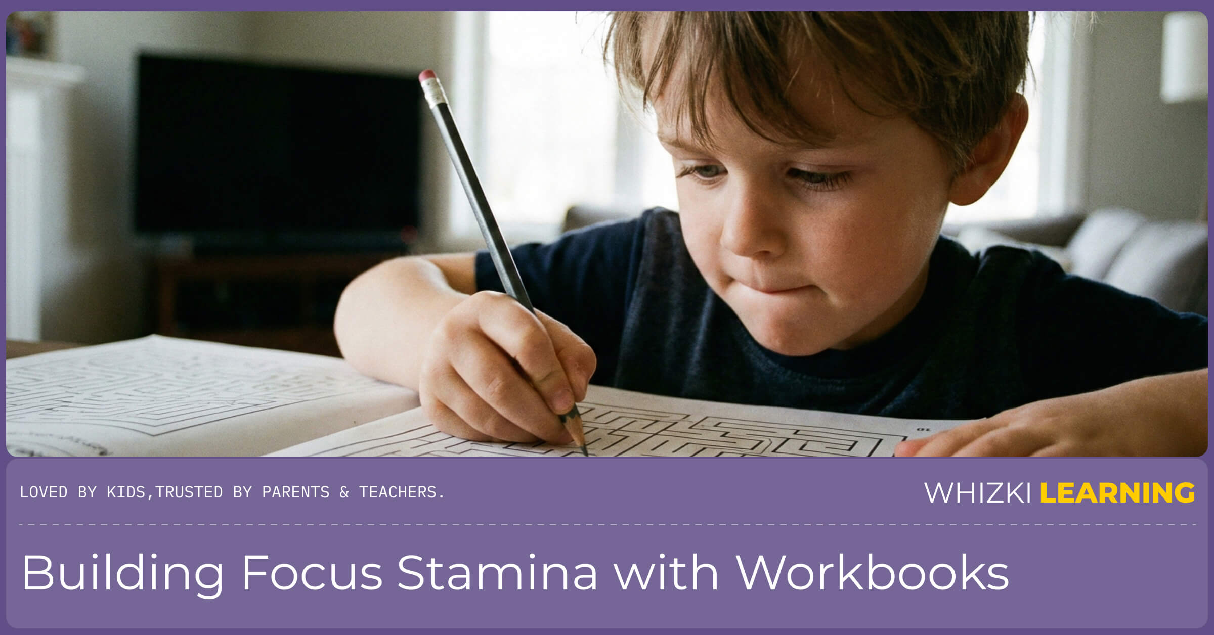 A young child biting their lip in concentration while solving a puzzle in a workbook, ignoring the blurred TV in the background.