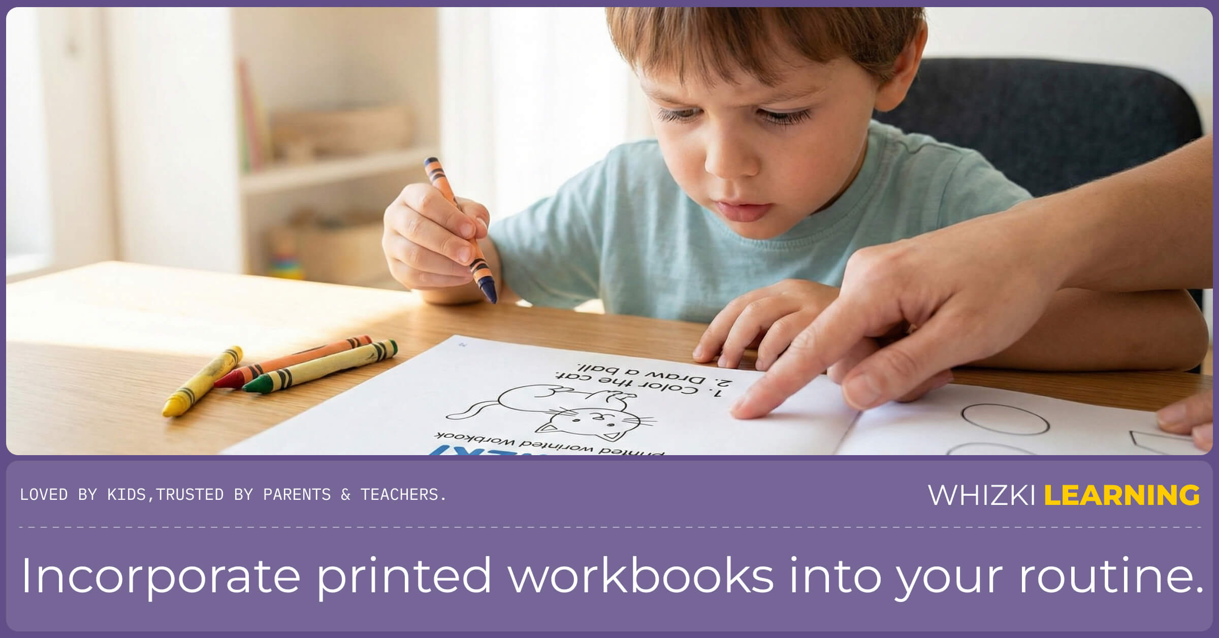 A focused child at a desk, looking at an open workbook while a parent's finger points to the written instructions at the top of the page.