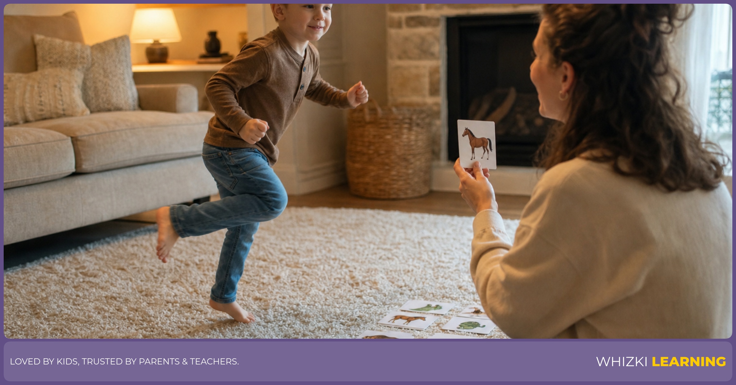 A parent and child act out G verb cards together on a living-room rug.