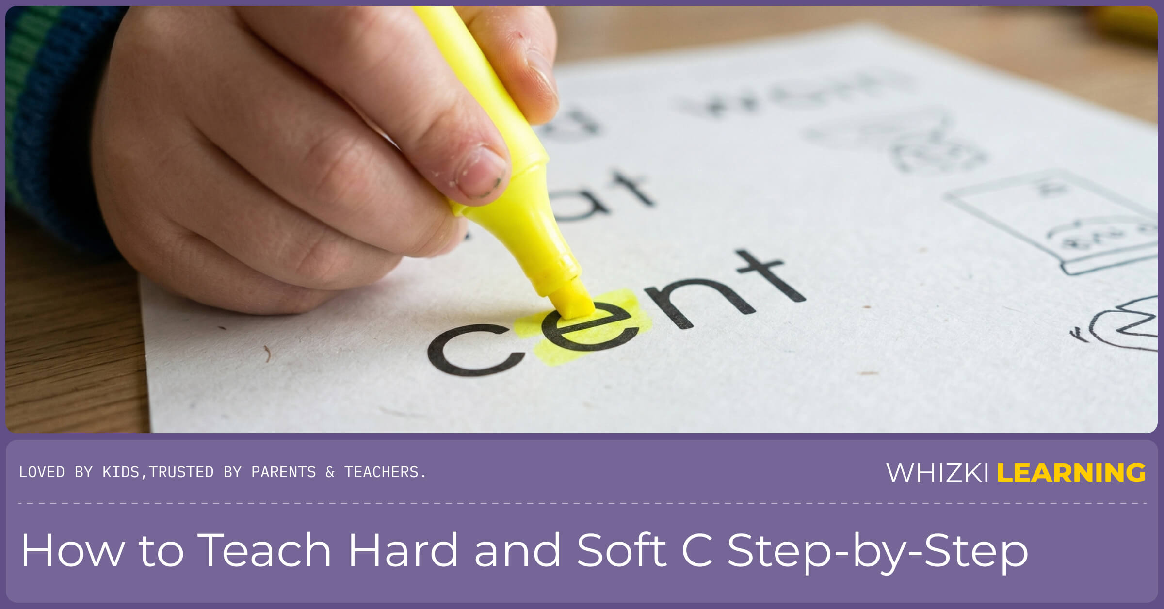 A close-up of a child's hand using a bright yellow highlighter to mark the letter 'e' in a phonics workbook lesson.