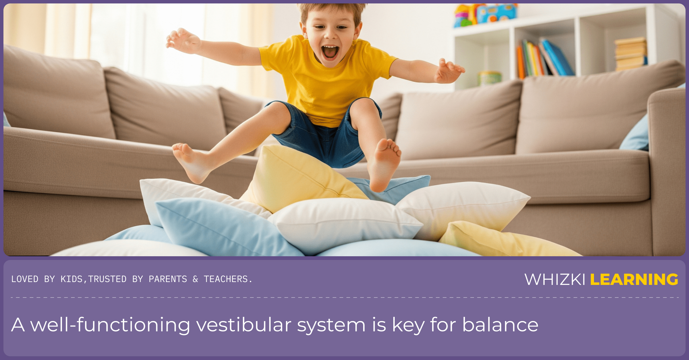 A happy child jumps from a couch into a pile of pillows on the floor, illustrating a safe and fun way to build body awareness and proprioception.