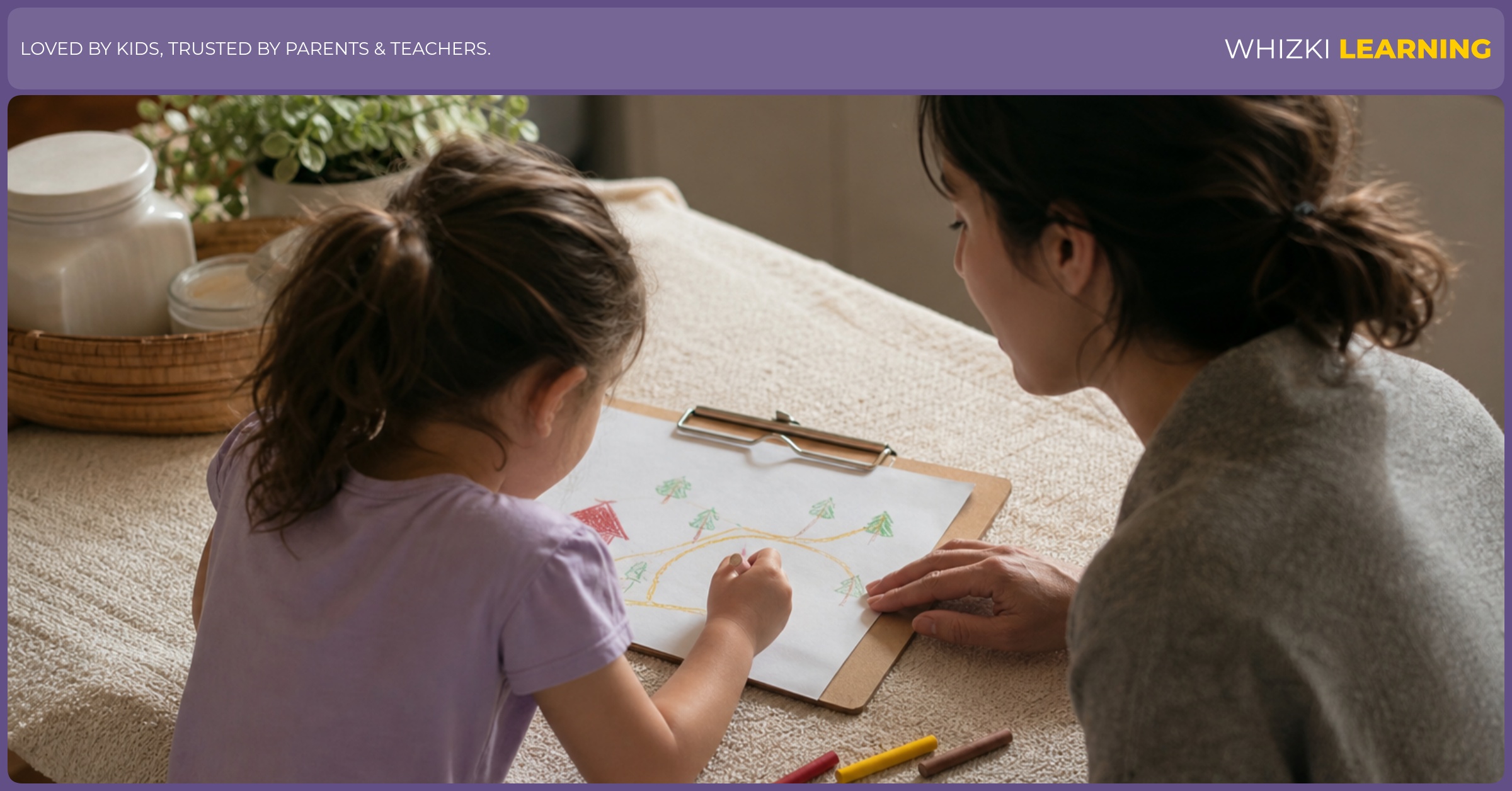 A parent and child sit at a kitchen table drawing a simple leaf color map with crayons and a clipboard.