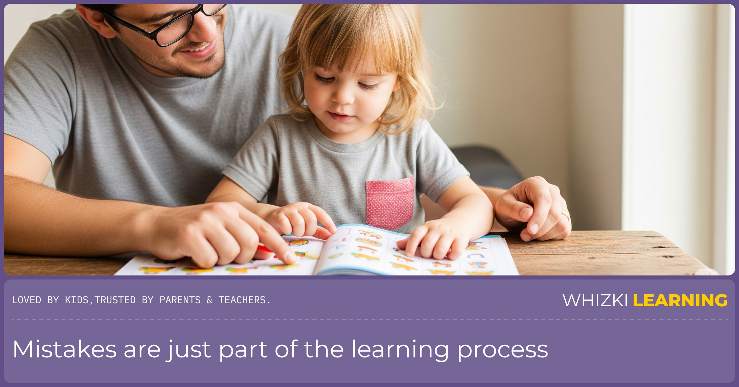 A supportive parent sits with their preschool-aged child at a wooden table, gently guiding them through an educational workbook.