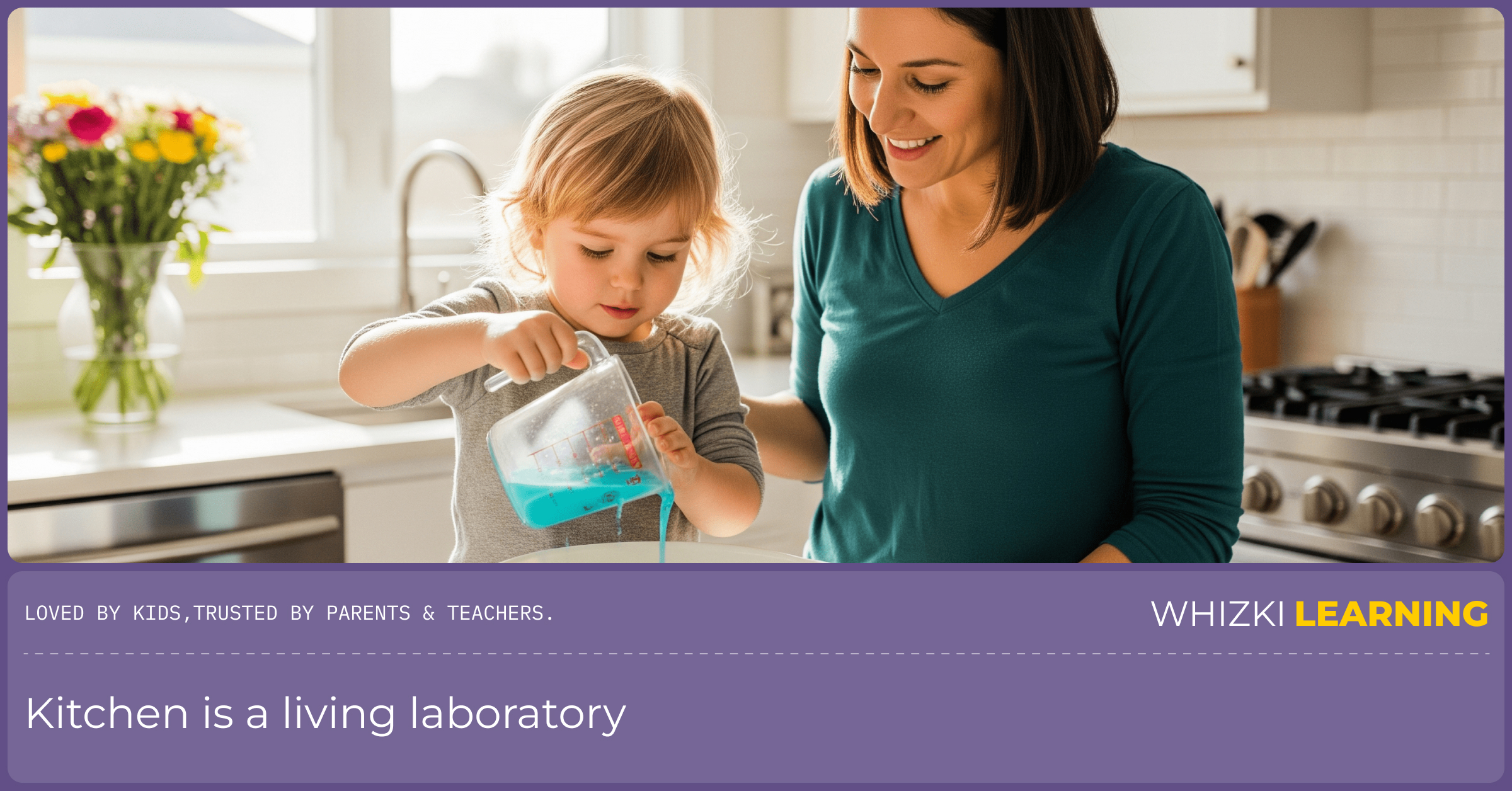 A child pours from a measuring cup in the kitchen, showing how cooking teaches math and science skills.