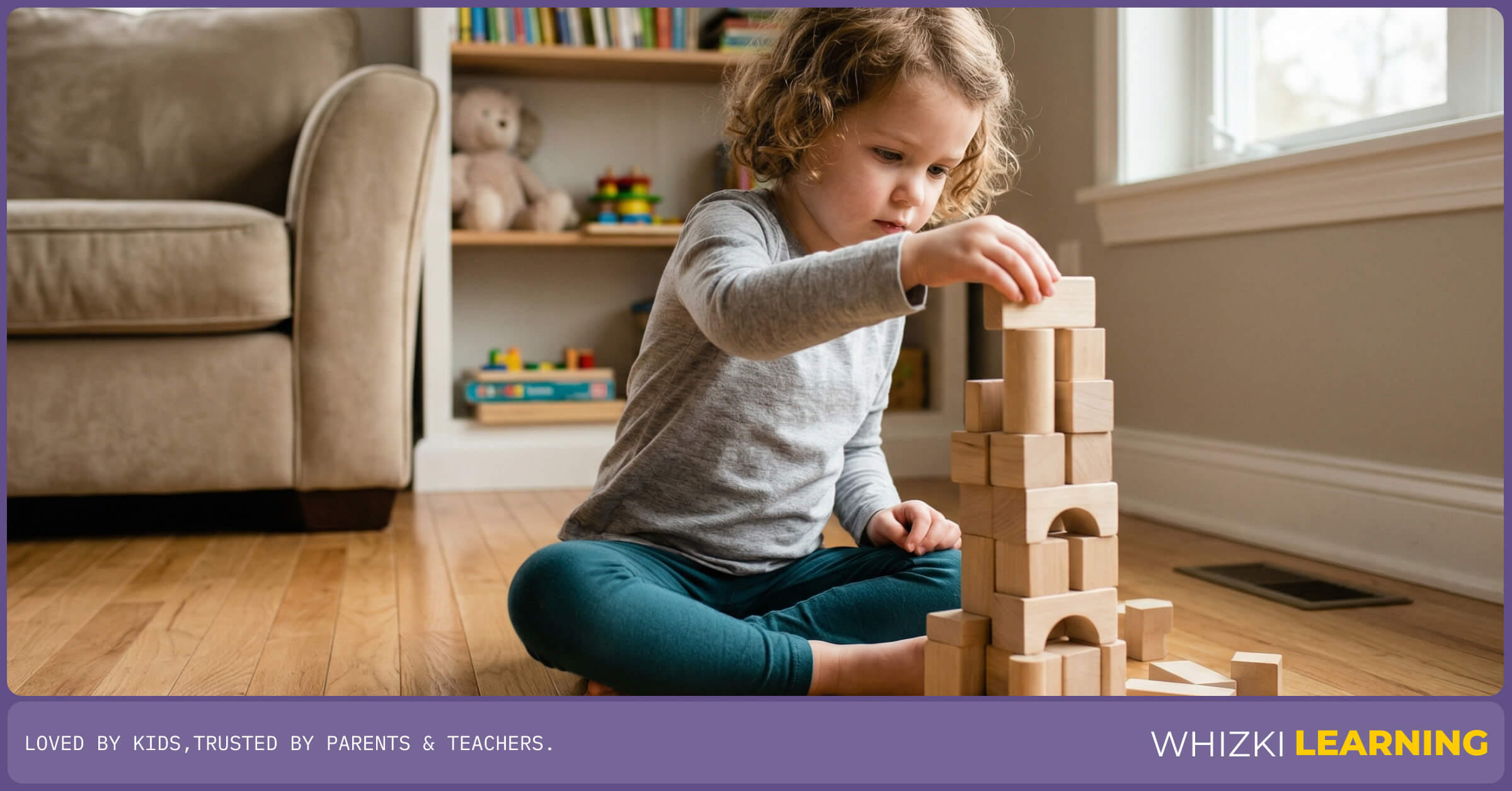 A child sitting on a living room rug, highly engaged in constructing a tall tower out of plain wooden blocks during screen-free time.