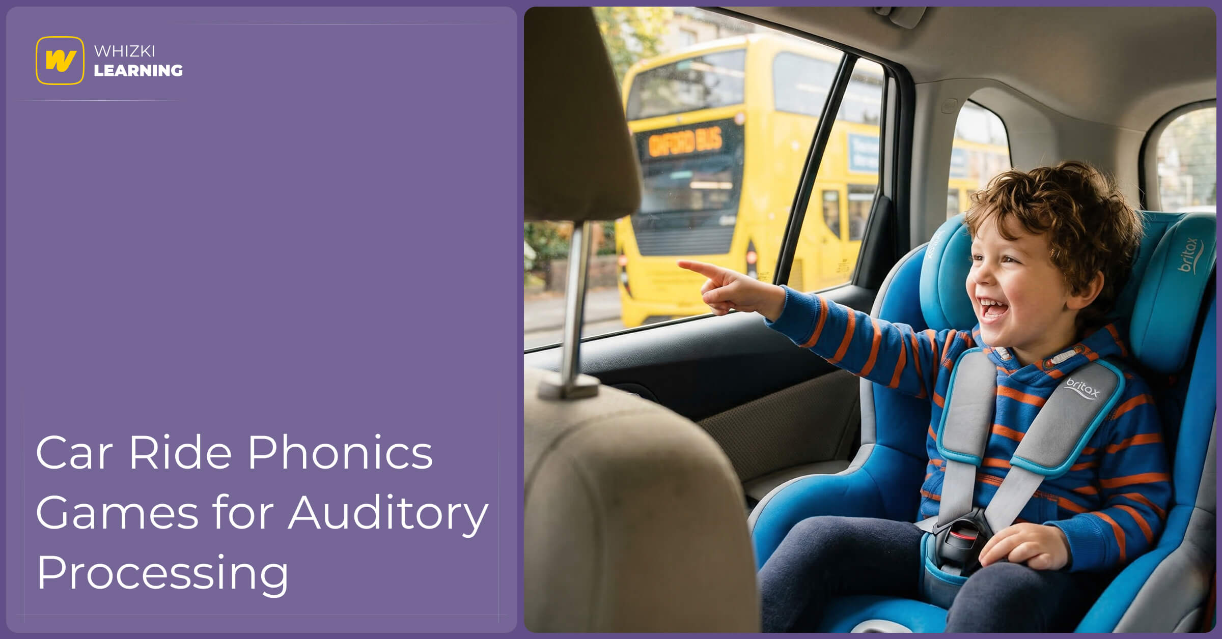 A young child strapped in a car seat, smiling and pointing out the window during an engaging auditory phonics game.