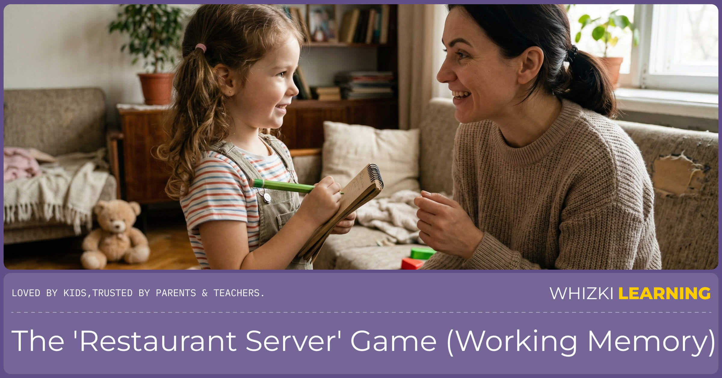 A joyful preschooler holding a notebook and pencil, acting as a waiter taking an order from their mom in the living room.