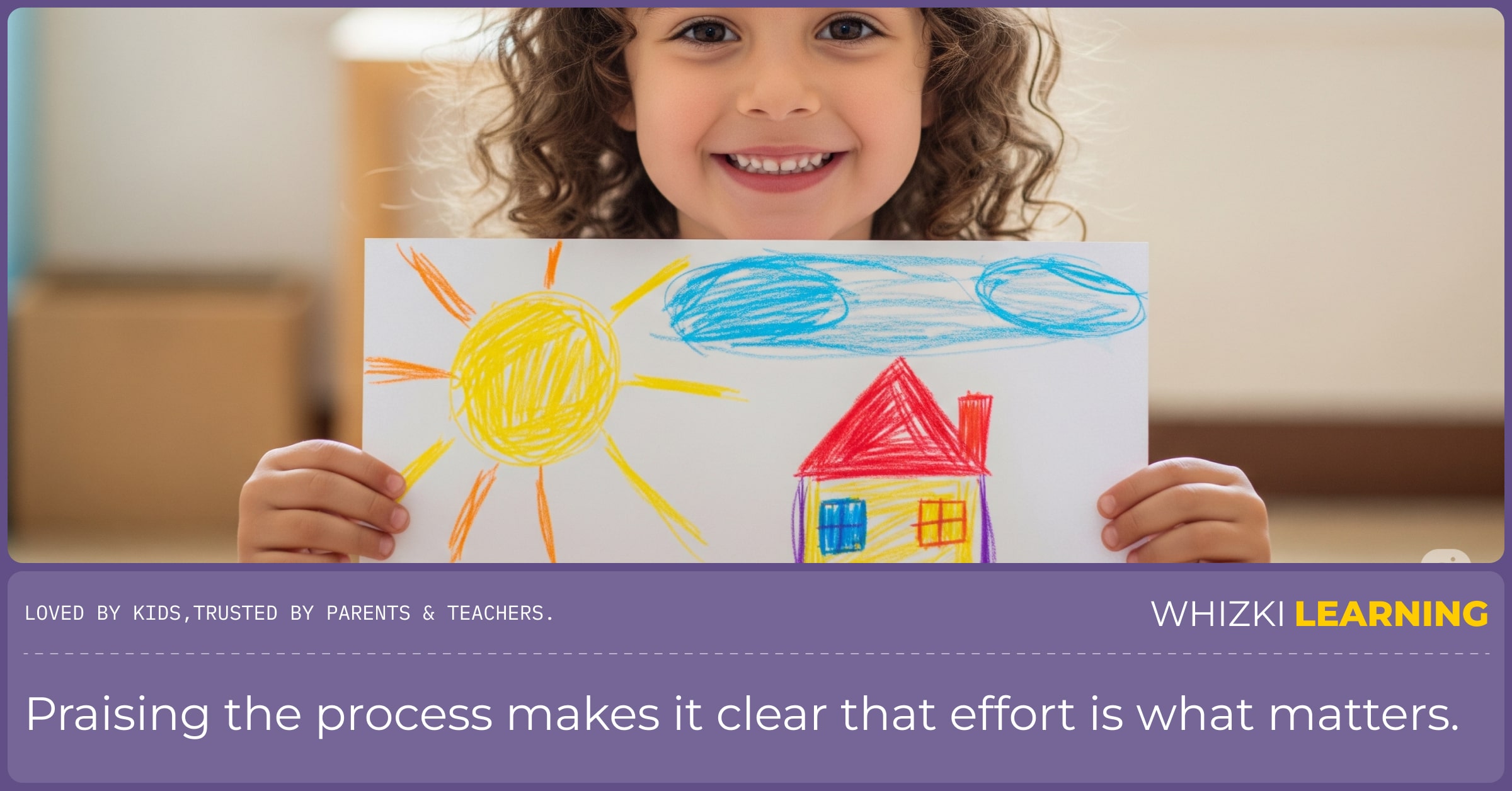 A beaming preschooler proudly holds up a colorful drawing of a house and sun, demonstrating pride in their effort.