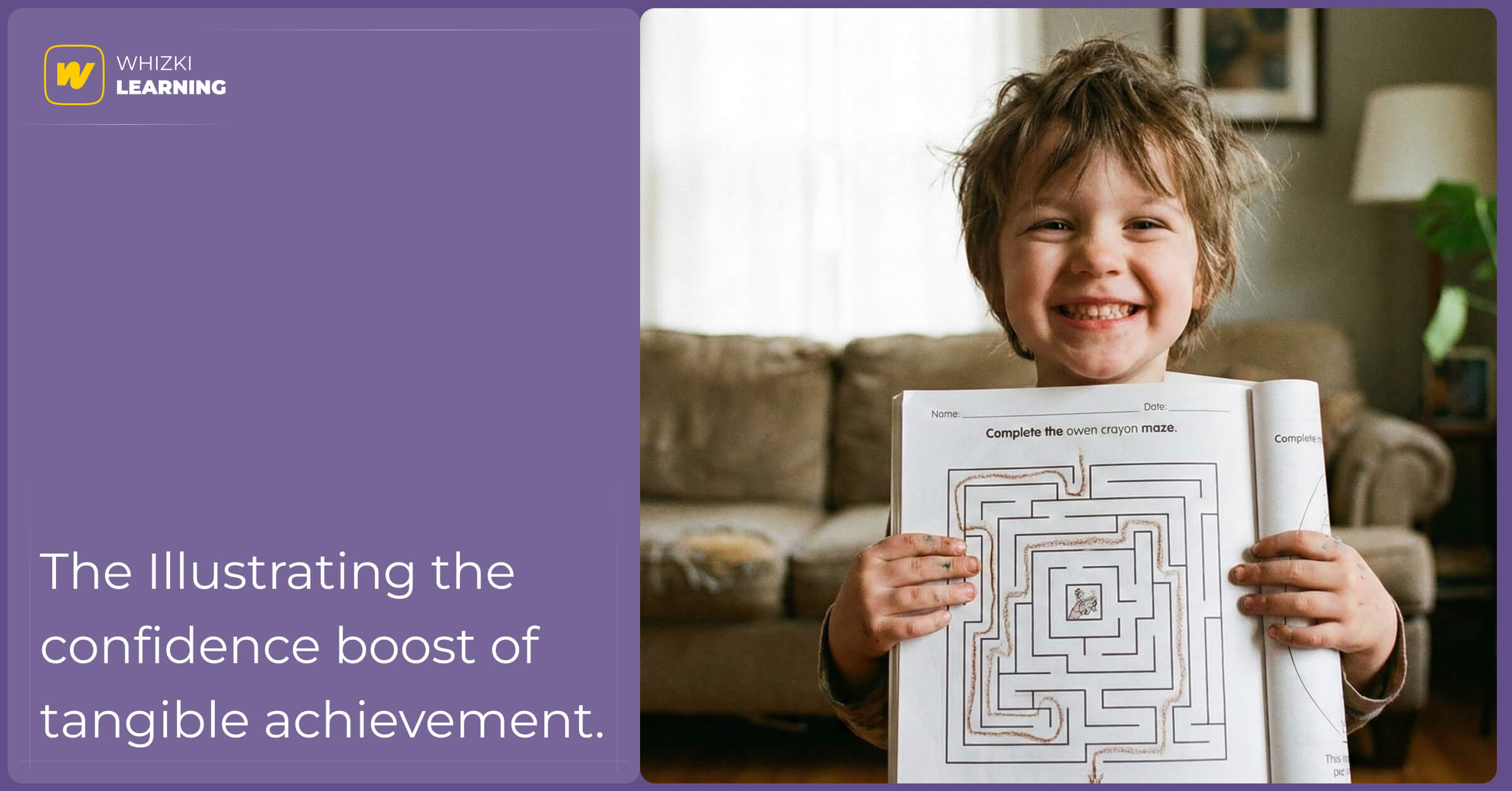 A happy child holding up an open workbook with a completed activity, looking proudly at the camera or a parent.