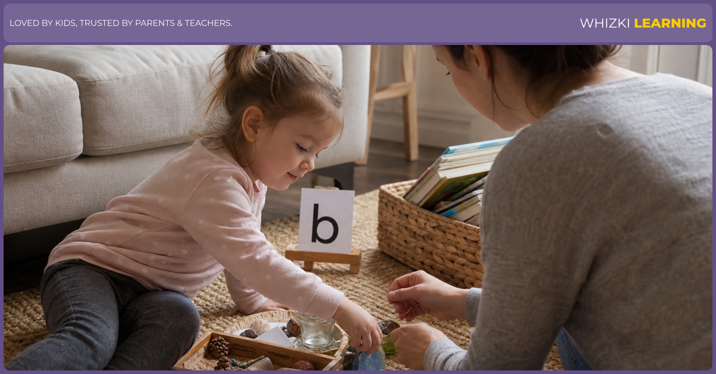 A young child sorts small household objects with a parent during a short letter sound activity on the living-room floor.