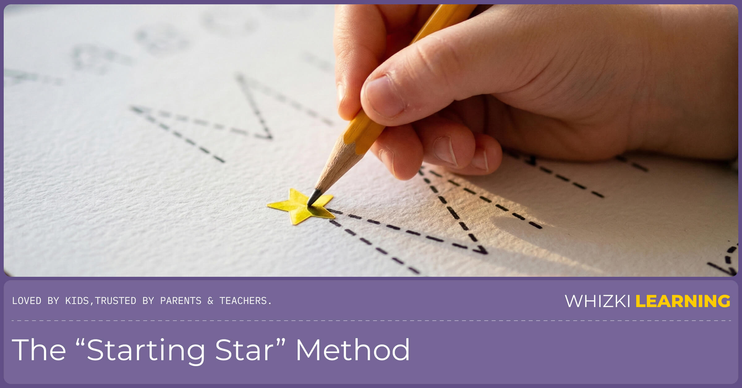 A child's hand holding a pencil, pointing directly at a yellow star sticker at the top of a letter practice sheet.