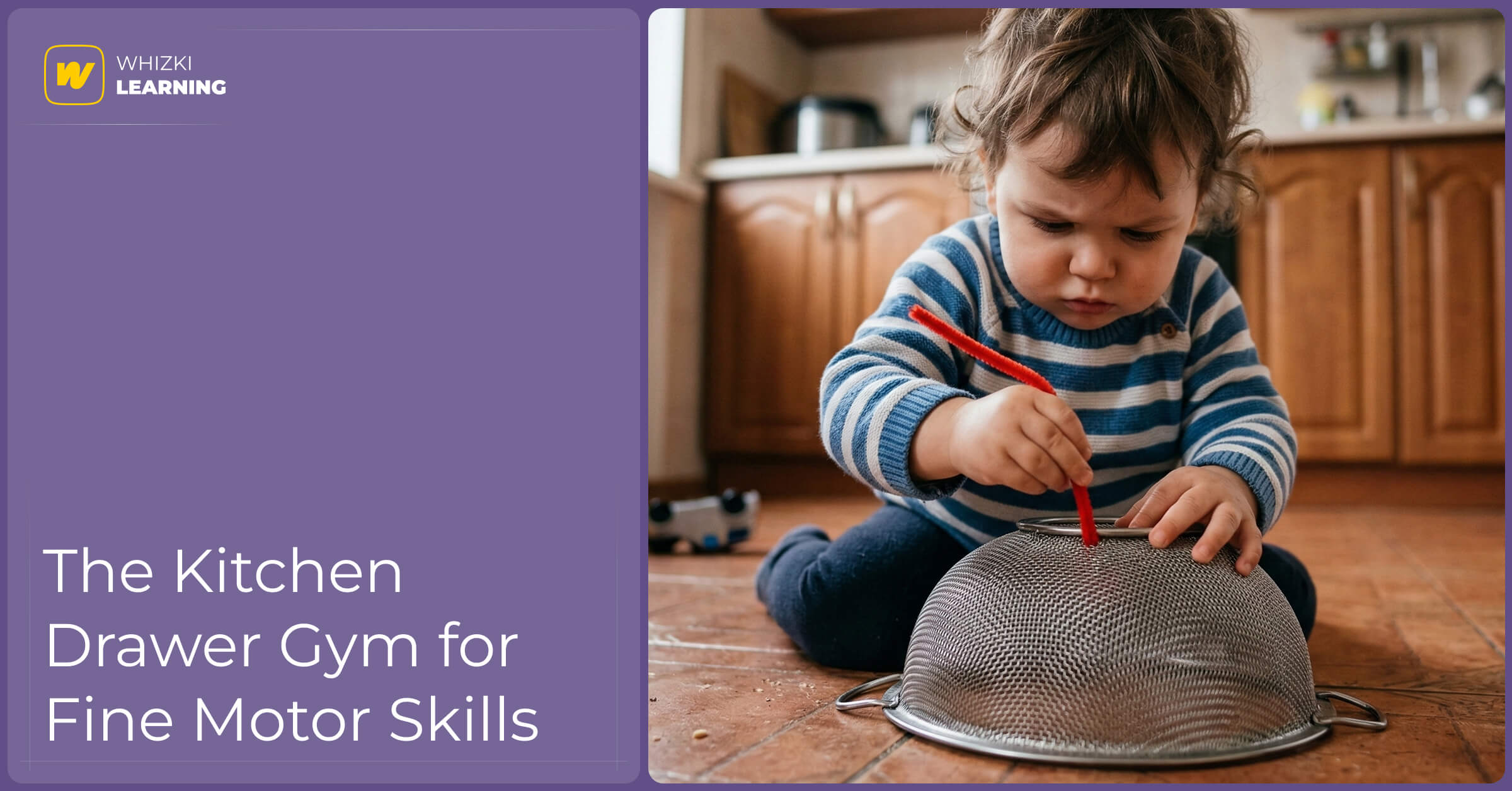 Close up of a young child's hands carefully pushing a red pipe cleaner into a kitchen strainer.