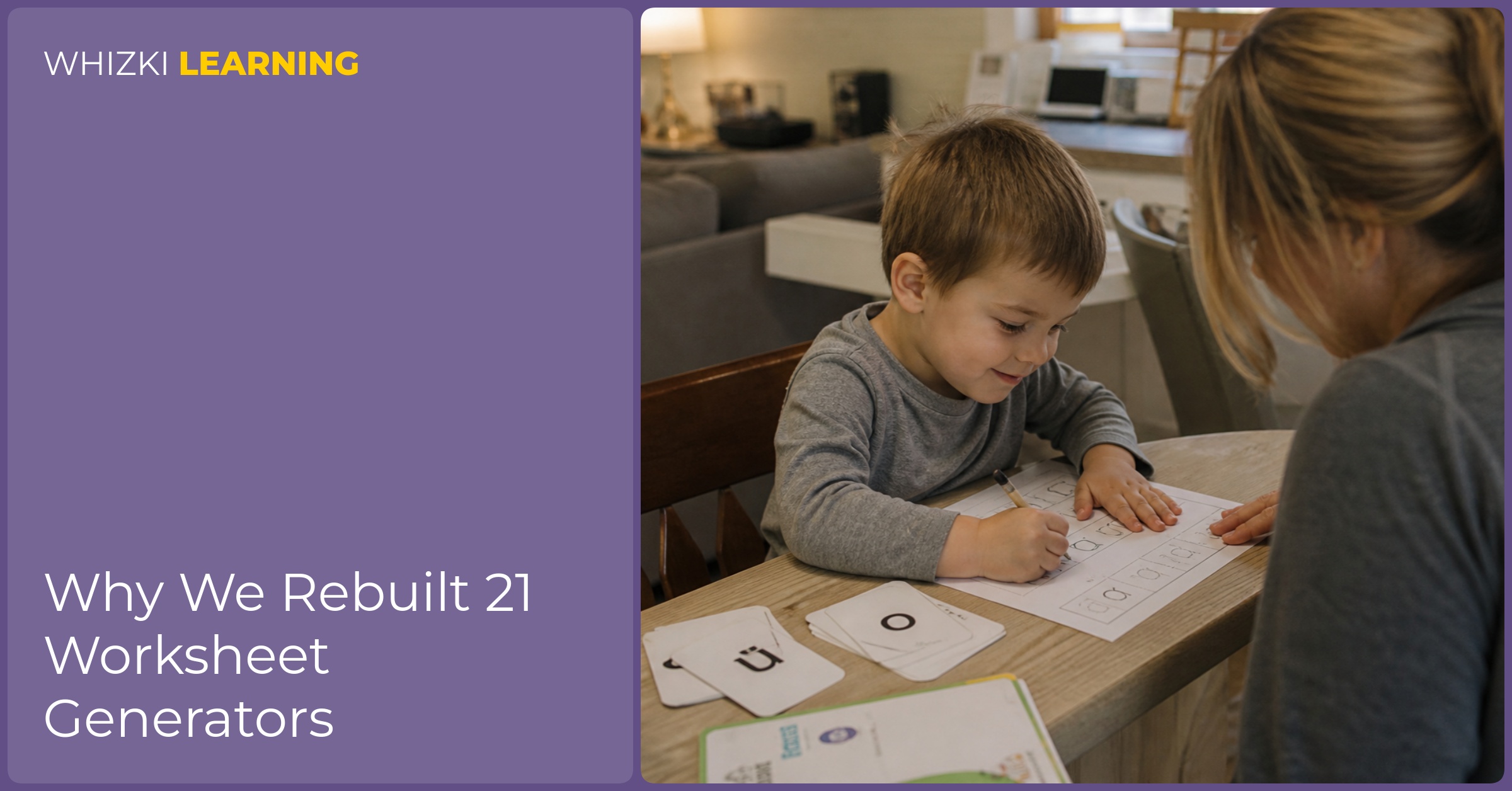 A young child traces a worksheet line with a short pencil while an adult watches at the kitchen table.