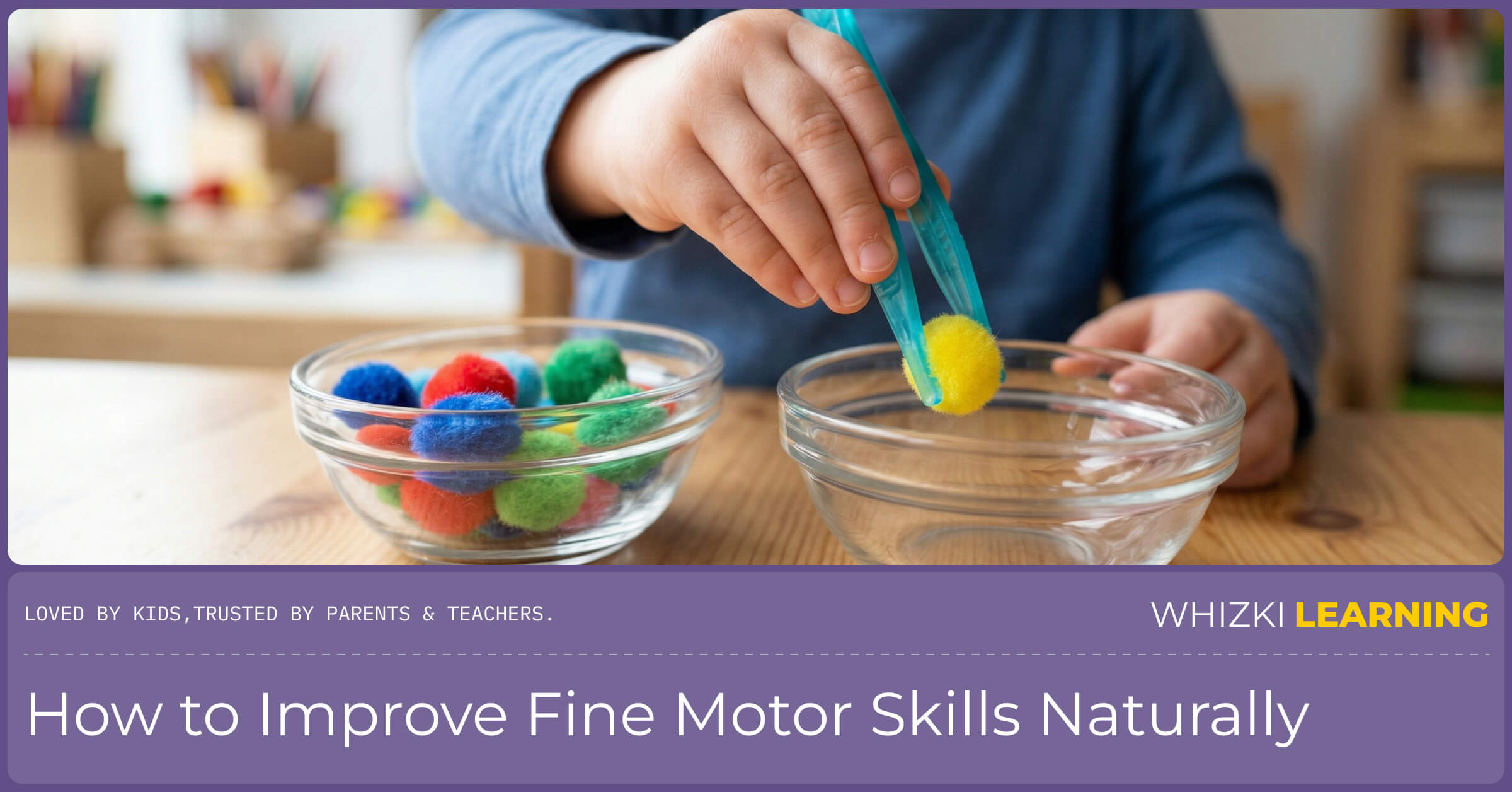 Close-up view of a child using small tweezers to carefully transfer a yellow pom-pom into a bowl.