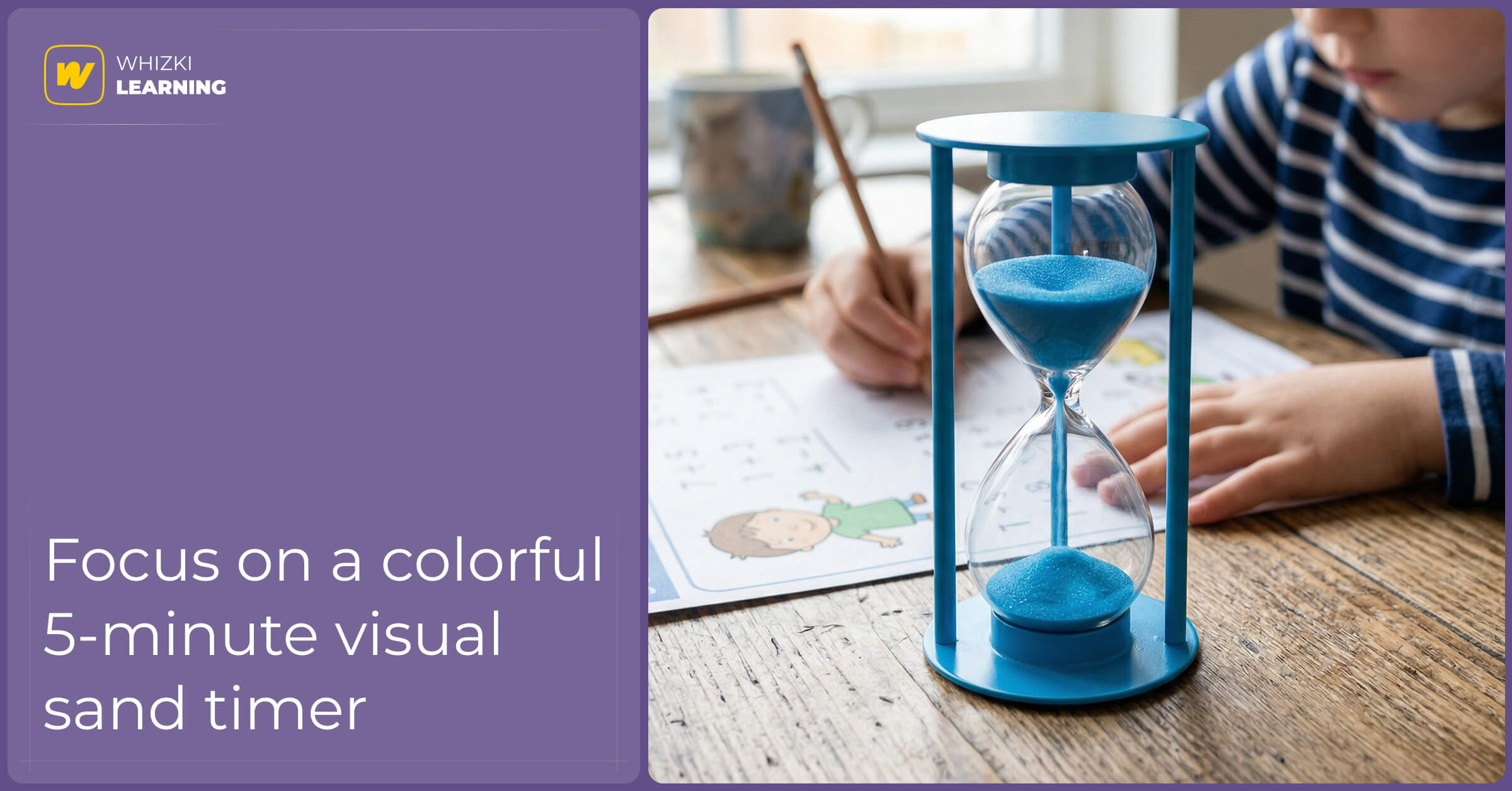 A close-up of a child's hands working on a printed puzzle while a colorful visual sand timer sits nearby on the table.