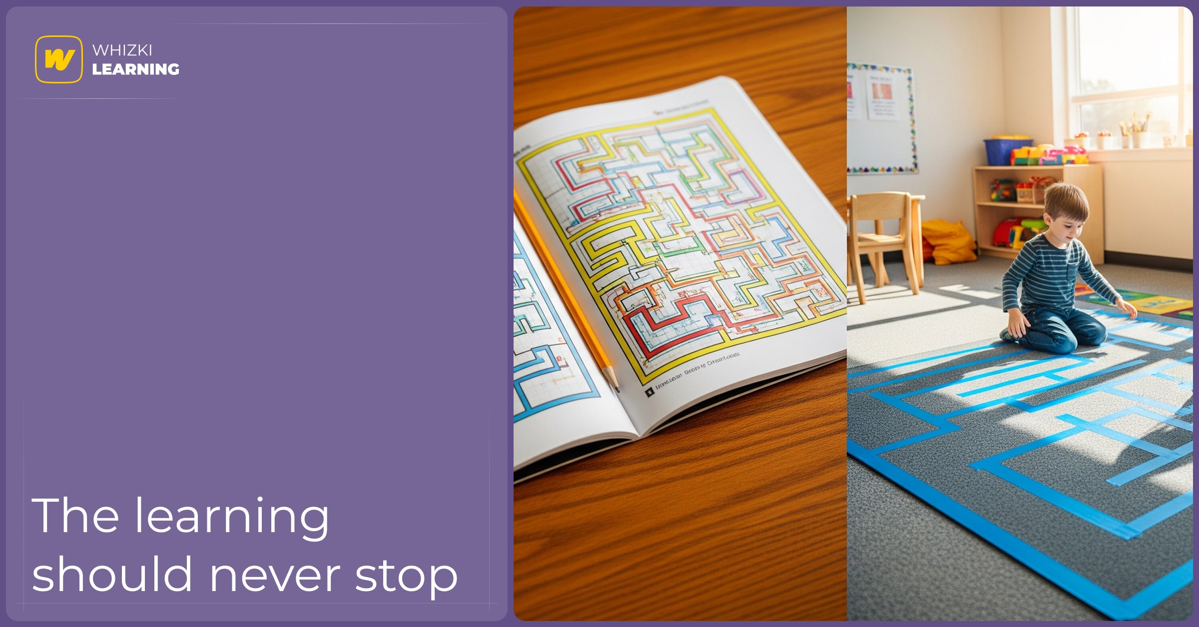 A split photo showing a maze in a workbook on the left, and a child walking through a large maze made of tape on a classroom floor on the right.