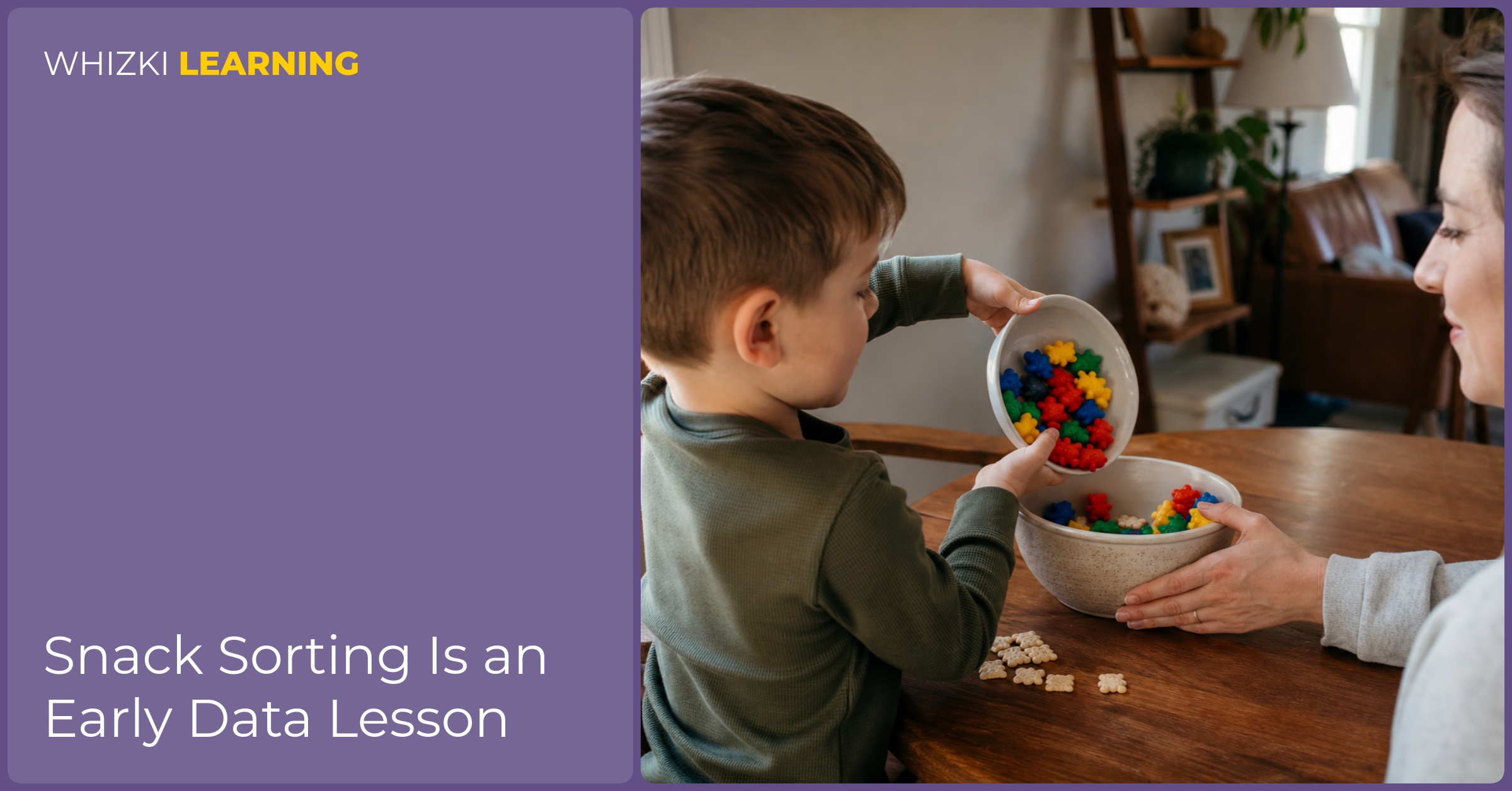 A caregiver and child put sorted snack pieces back into one bowl after counting groups.