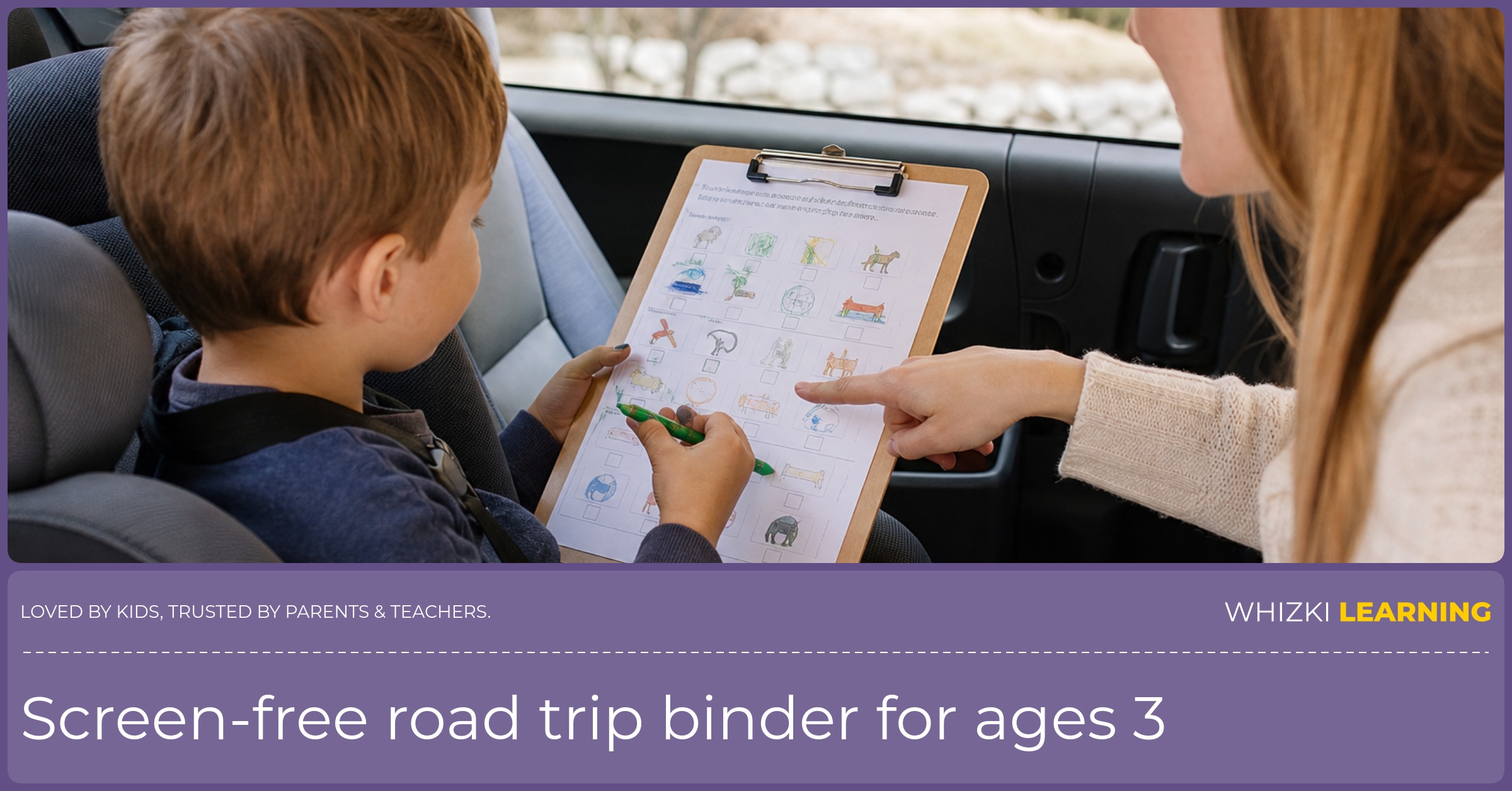 A child in a car seat uses a clipboard with a printable activity page while a parent points from the side.