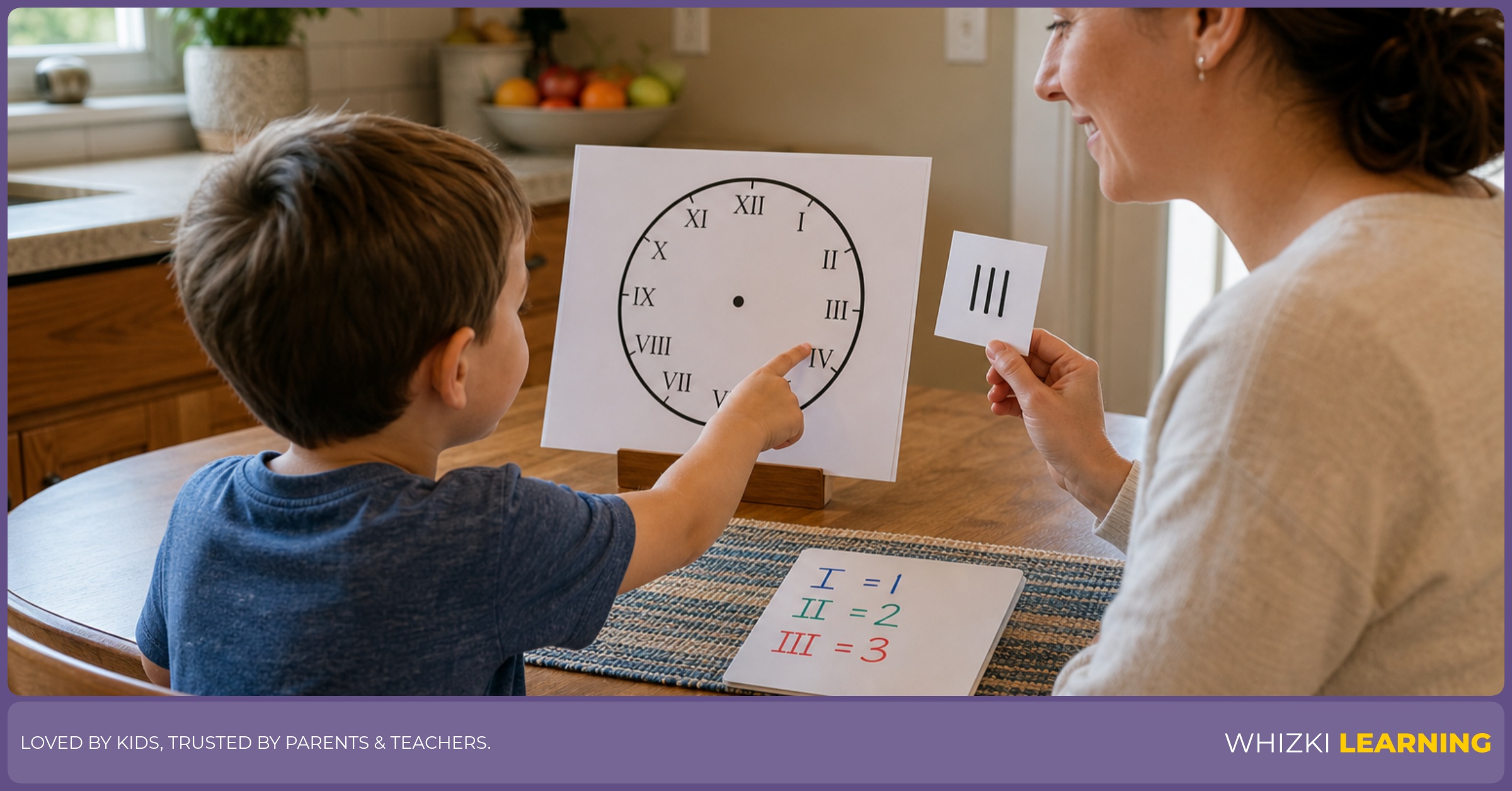 A parent and child at a kitchen table look at a clock face and the child points to the spot between II and IV while the parent holds a paper with three tally marks