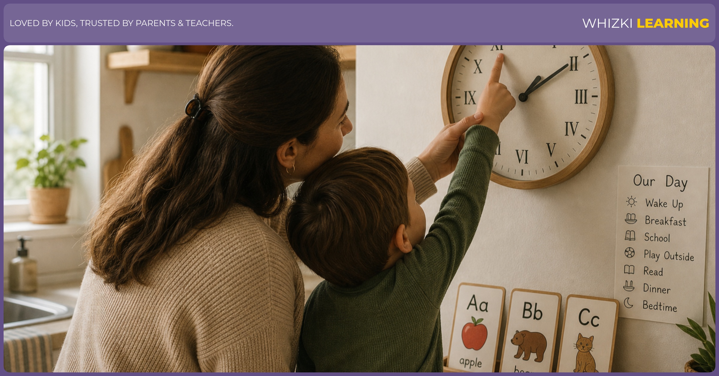 A parent and child look at a kitchen clock together, with the child tracing a Roman numeral XI label near the 11 o'clock area during a calm screen-free moment