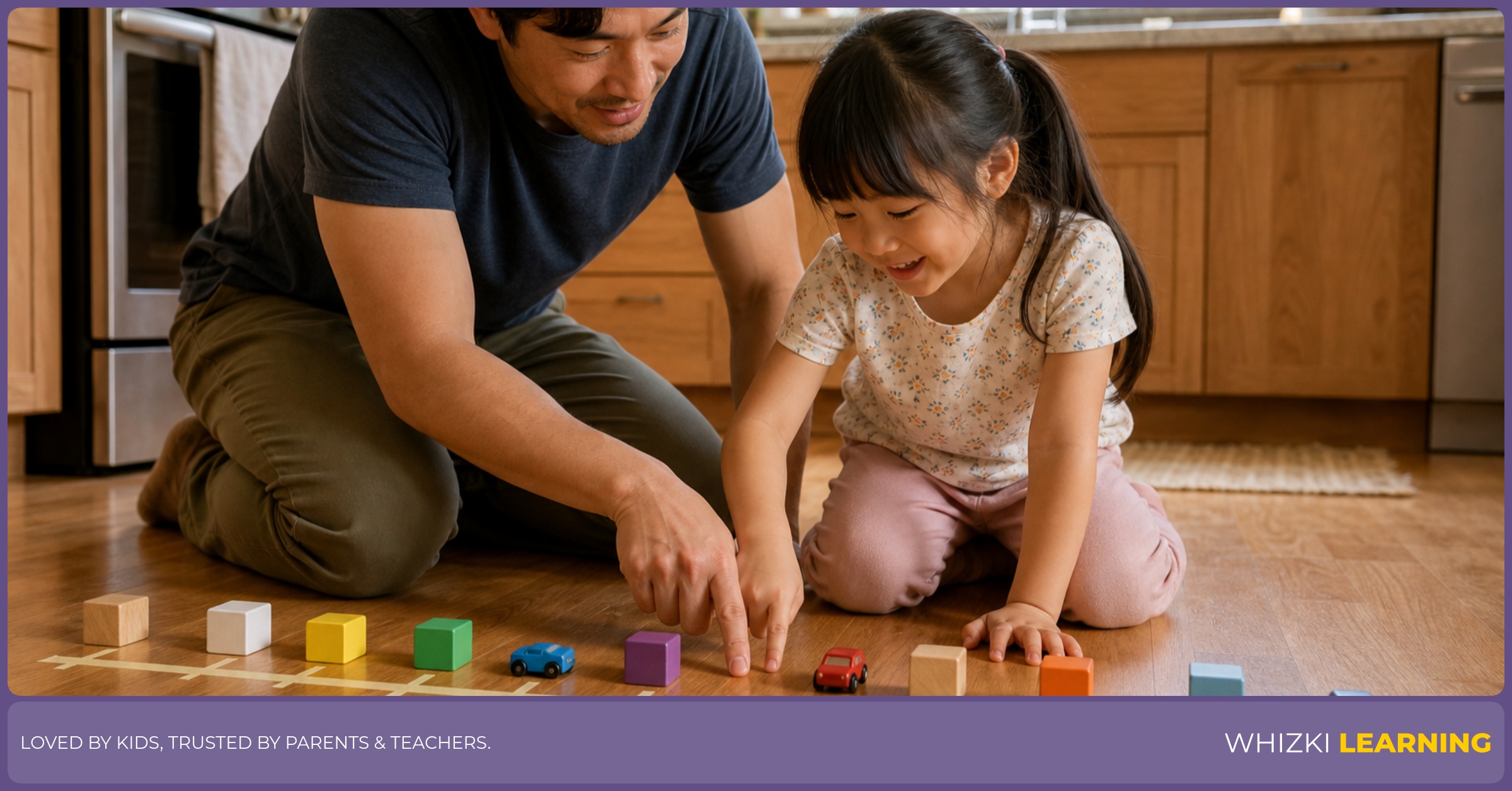 A parent and child practice on a taped number line on the kitchen floor with small blocks, pointing and counting calmly.