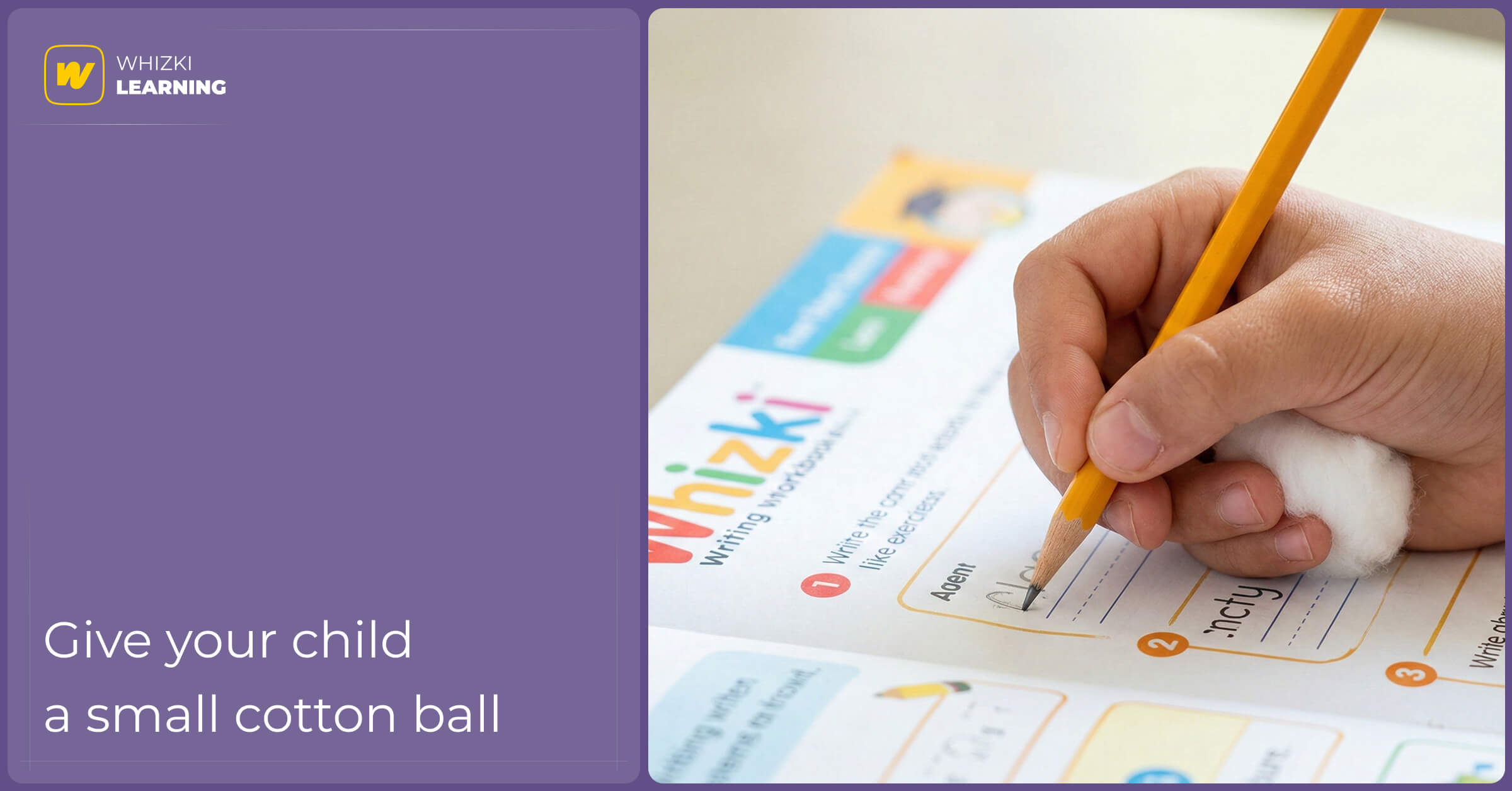 Close-up showing the 'cotton ball trick' where a child secures a cotton ball with their pinky to free up the other fingers for writing.